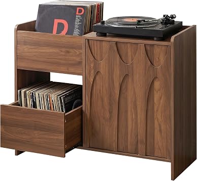 Bifins Record Player Stand with Drawer and Door, Mid Century Modern Turntable Cabinet with Vinyl Storage, Wood Record Player Table for Living Room & Music Room Walnut