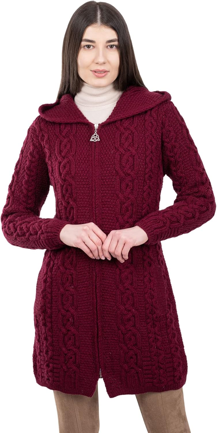 SAOL 100% Merino Wool Aran Irish Cardigan for Women with Pockets, Hood and Celtic Zipper