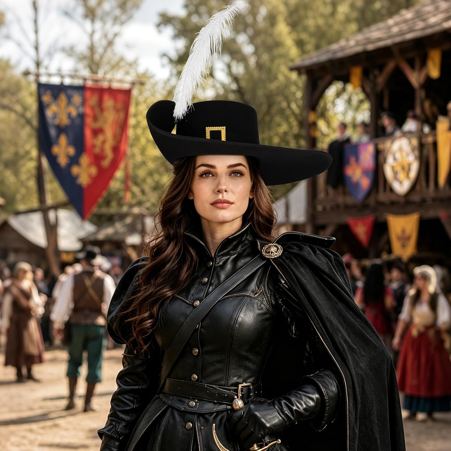 Black Cavalier Hat with White Feather, Renaissance Costume Hat for Men and Women