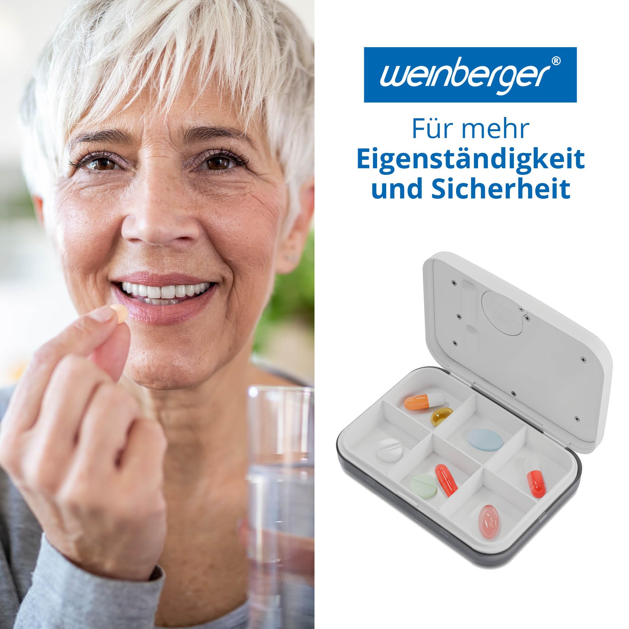Weinberger Pudełko na pigułki, pudełko na pigułki, dozownik leków z alarmem wibracyjnym i funkcją alarmu biały/cyfrowy/bardzo jasny/model: 02263