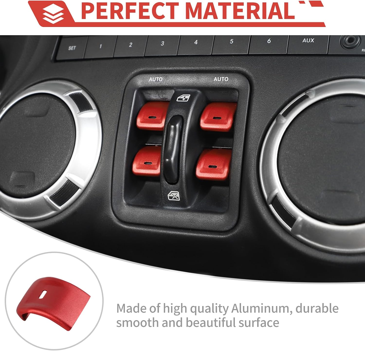 9PCS Center Console AC Knob Car Window Control Switch Button Panel fit for Jeep Wrangler JK JKU 2012-2018 Radio Volume Knob Ring Kit,Red