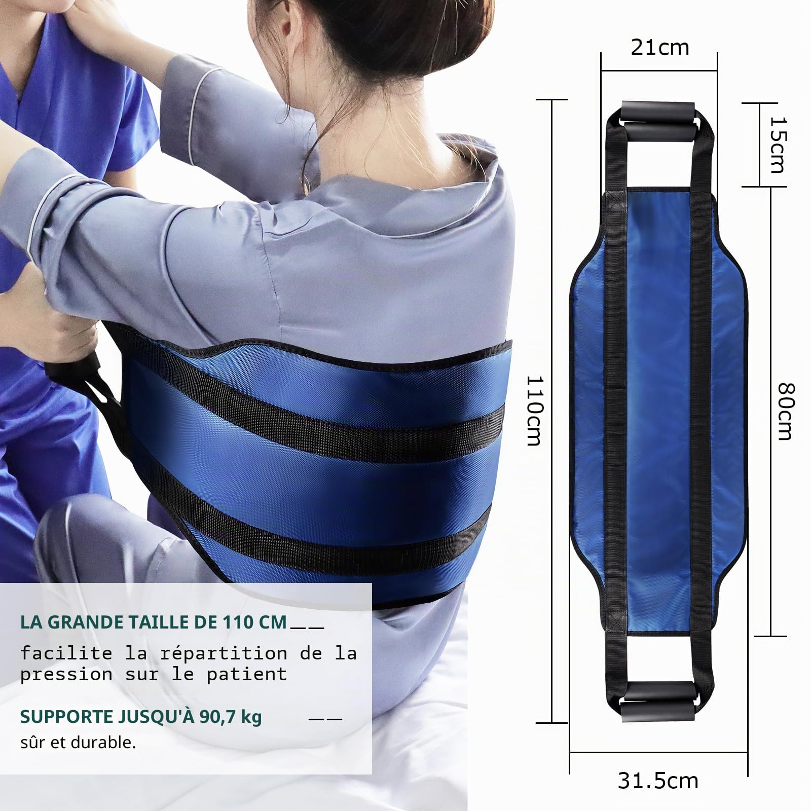 LOSCHEN Sangle de transfert de 110 cm, pour personnes handicapées, personnes âgées, gériatriques, blessées, en toute sécurité, en voiture, fauteuil roulant, lit (bleu, extra large)