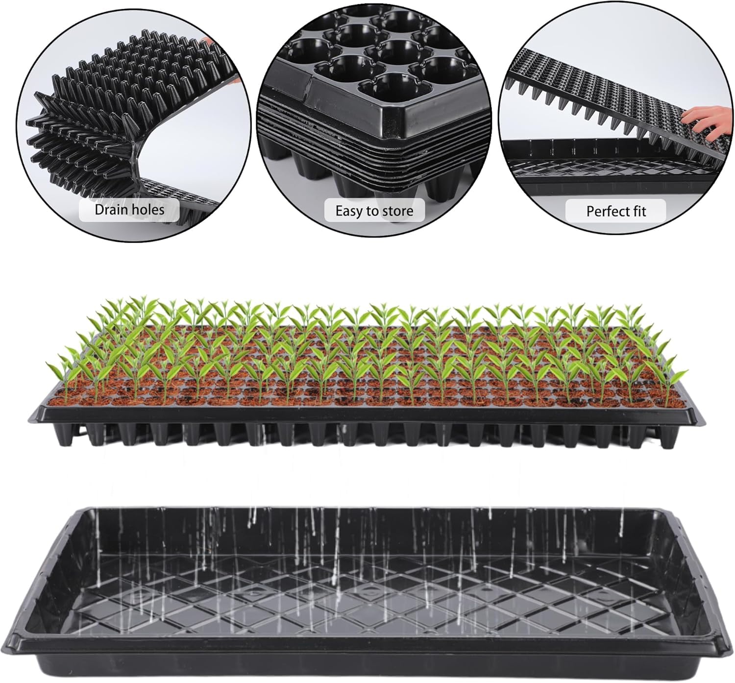 Bandejas de inicio de semillas de 200 celdas con dibber, paquete de 10 bandejas de inicio de vivero con bandeja base, excavadora de tierra de 200 agujeros para colocar rápidamente, bandeja de