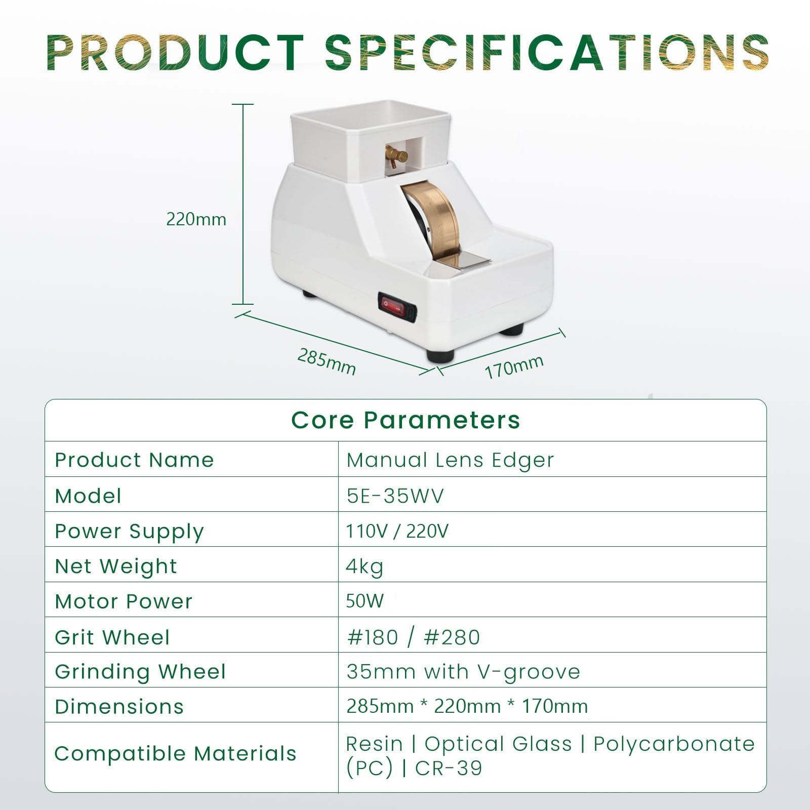 Meuleuse De Verre Optique Manuelle 3 en 1 avec Meule Diamantée 35 mm, Meuleuse Fraiseuse Avec Évier Amovible, Débit Réglable, Manuelle Meuleuse pour Atelier Optique
