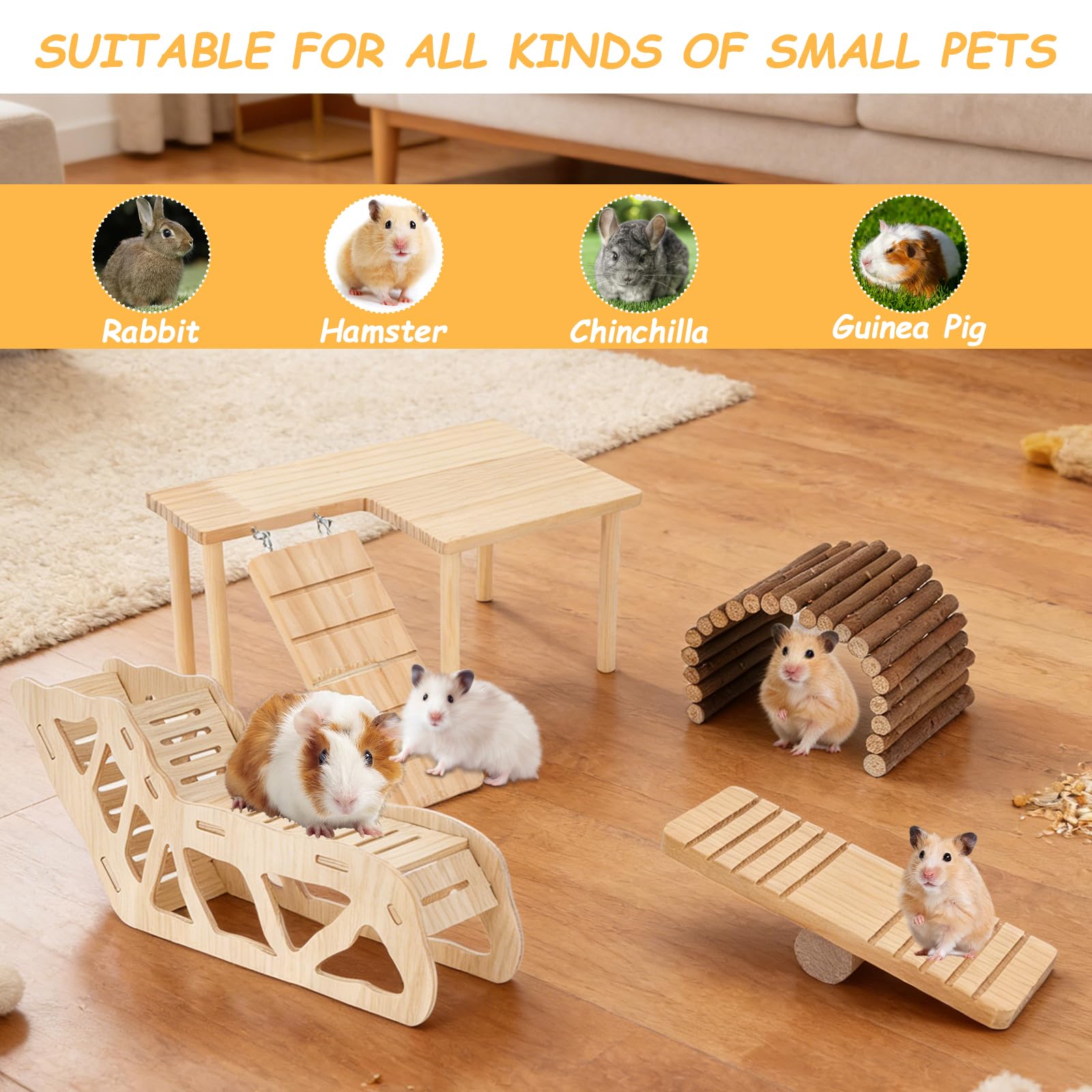 Hamsterspielzeug Komplettset - Geräuschloses lautloses Laufrad, Labyrinth-Holzhaus, Ständer, Kauspielzeug & Wasserflaschenkäfig-Zubehör für Hamster, Ratten, Mäuse, Kleintier-Lebensraum