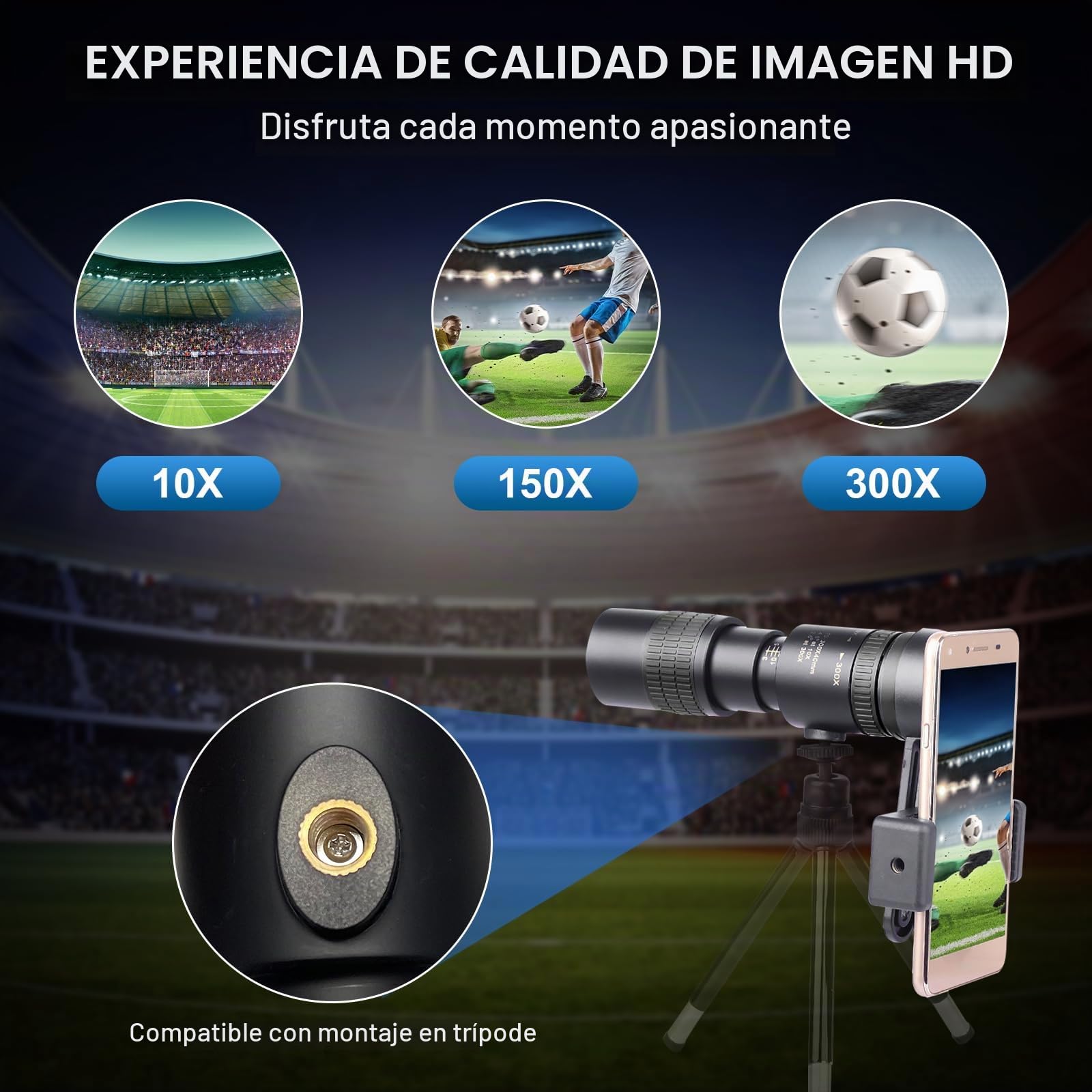 Monoculares de 10-300 x 40 para adultos de alta potencia, telescopio monocular con zoom con lente BAK4 y FMC para conciertos, observación de aves, observación de estrellas (adaptador de smartphone y