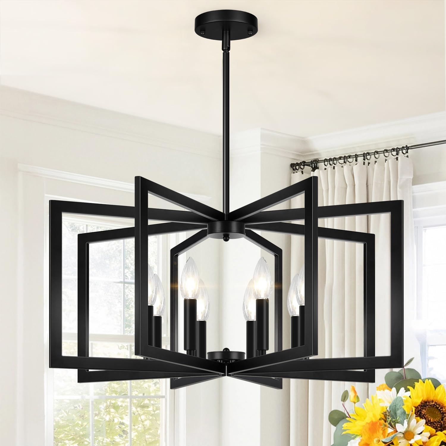 28" Modern Matte Black Chandelier for Dining Room, No Assembly Required Black Dining Room Light Fixture Over Table, Industrial Metal Hanging Pendant Lights Fixture for Kitchen Island, Entryway, Foyer Matte black-28" (No assembly required) 8-Light