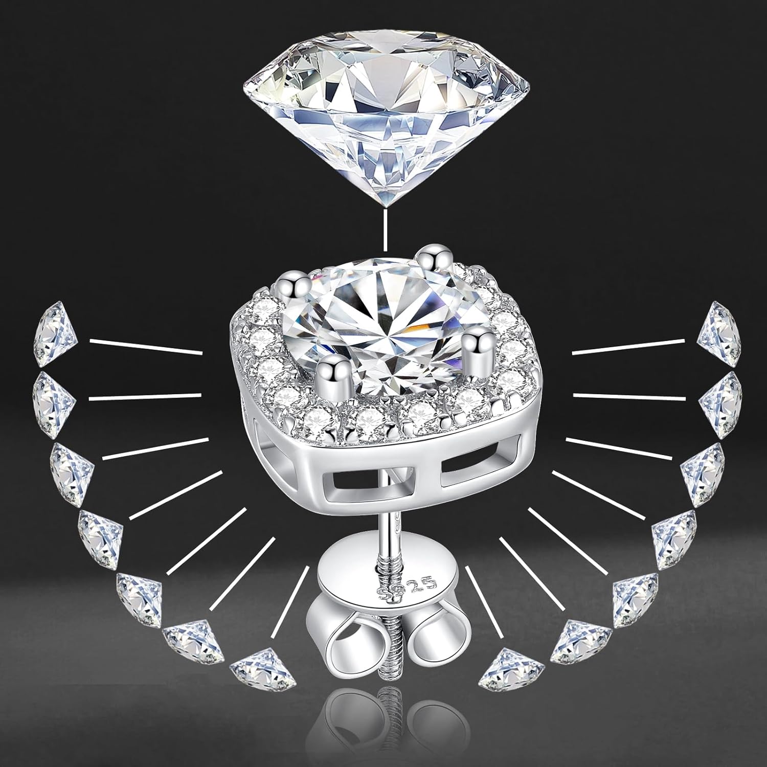 SUNFFEL Moissanite Halo Earrings Stud Screw Back 925 Sterling Silver Square Cut Brilliant Moissanite Gold/Silver Halo Earrings for Women Men