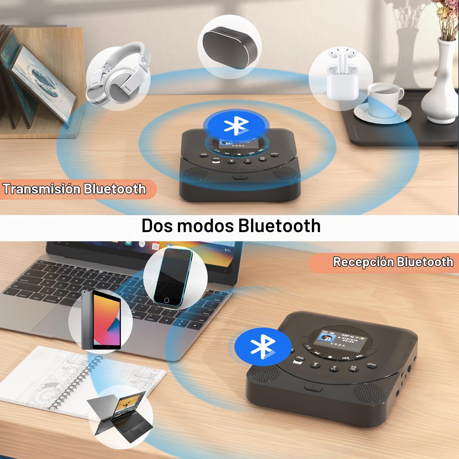 MONODEAL Reproductor de CD Portátil con Pantalla TFT y Bluetooth | Reproductor CD con Altavoz estéreo HIFI, CD Player Recargable