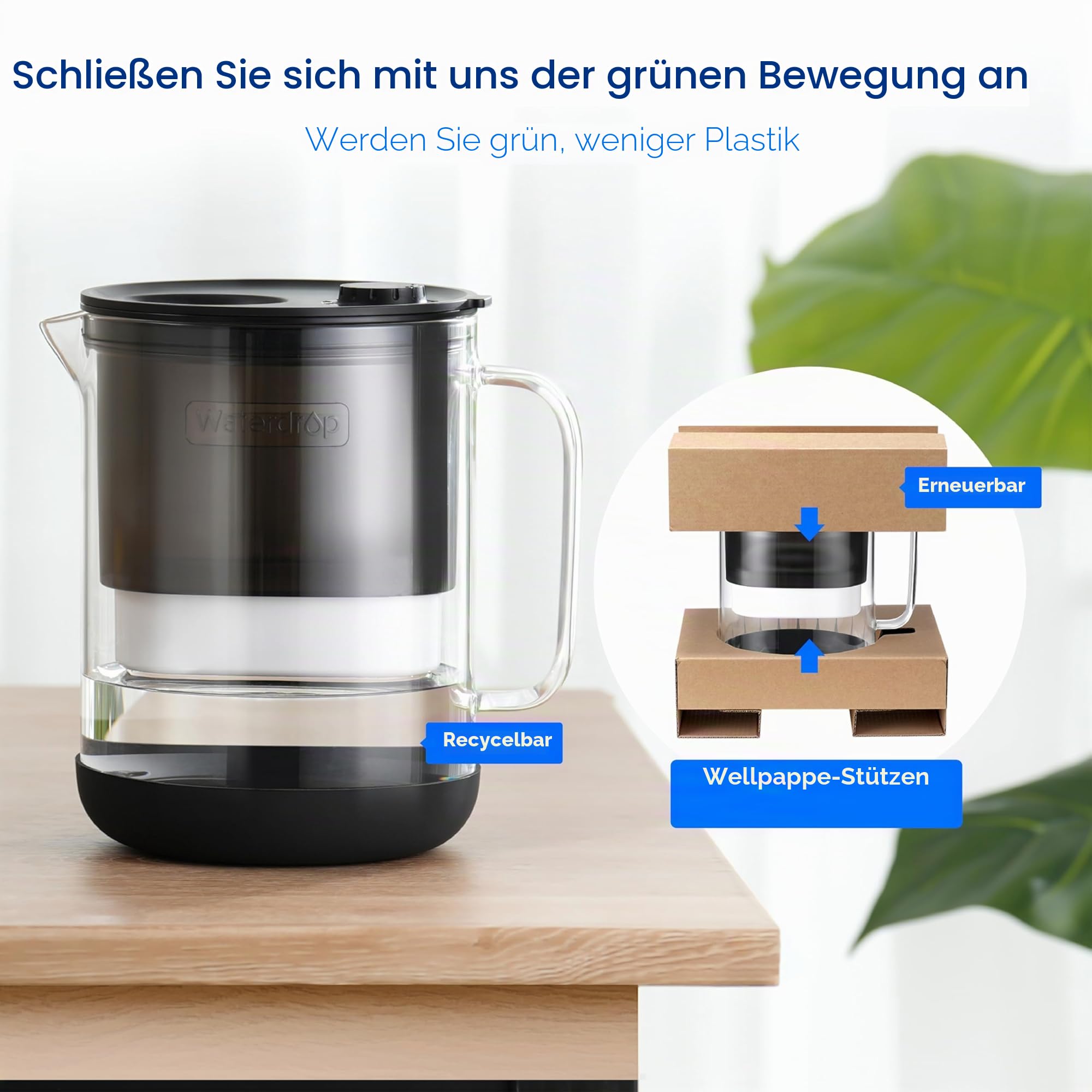 Waterdrop 𝐆𝐥𝐚𝐬 Wasserfilterkanne, 2.5L Wasserfilterkanne mit 2-Monats-Filter, NSF 53&42&372 Zertifiziert, Reduziert PFOA/PFOS, Chlor, Cadmium, Kupfer, Quecksilber, WD-PT-72B