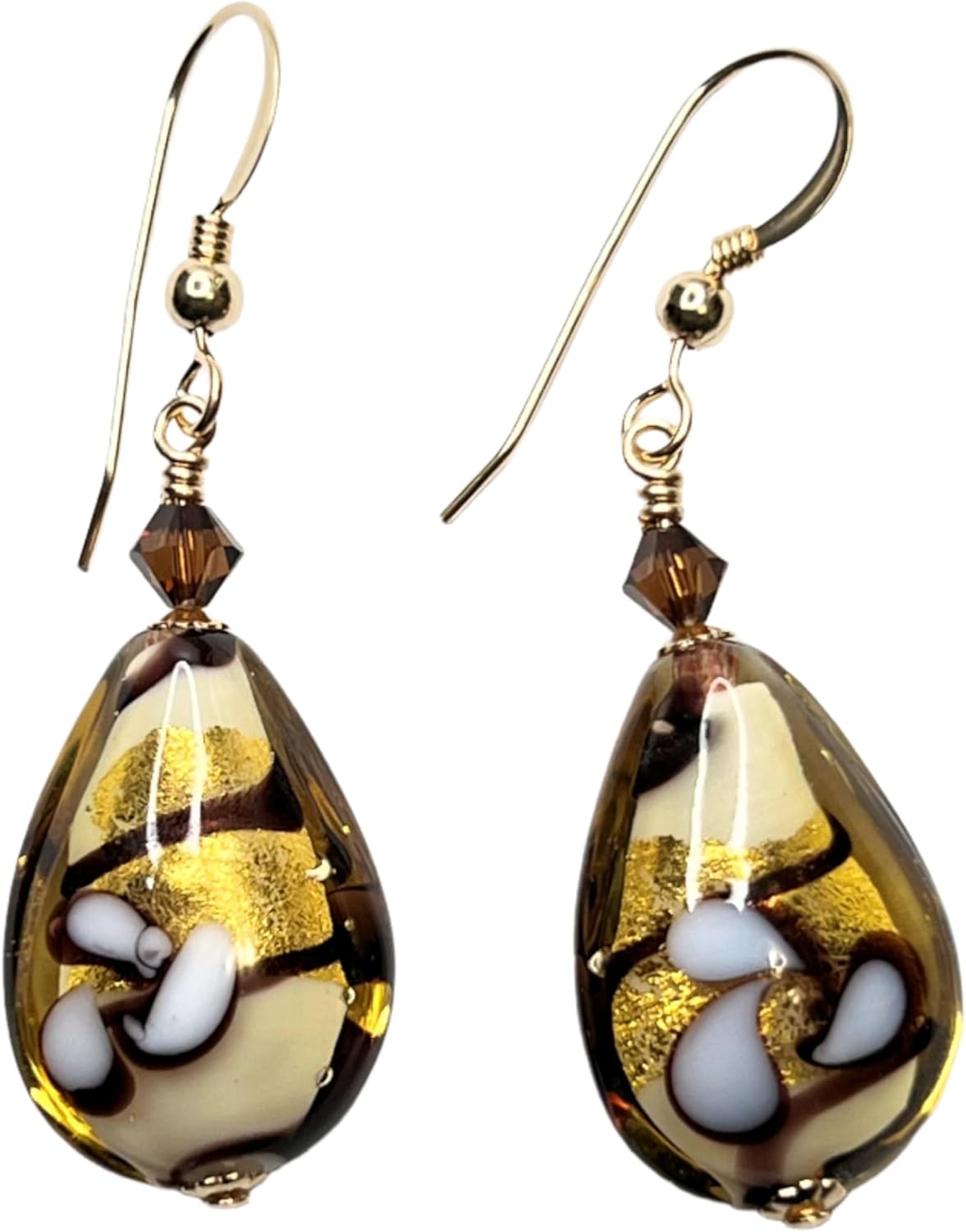 Murano Glass Topaz Brown Flower Teardrop Gold Earrings
