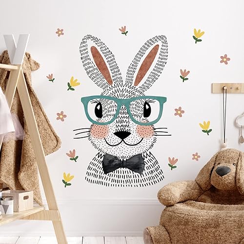 Miniatura 3 de Yovkky Calcomanías de pared de conejo de dibujos animados, lindo conejito con anteojos, flores, guardería, habitación de niños, decoración