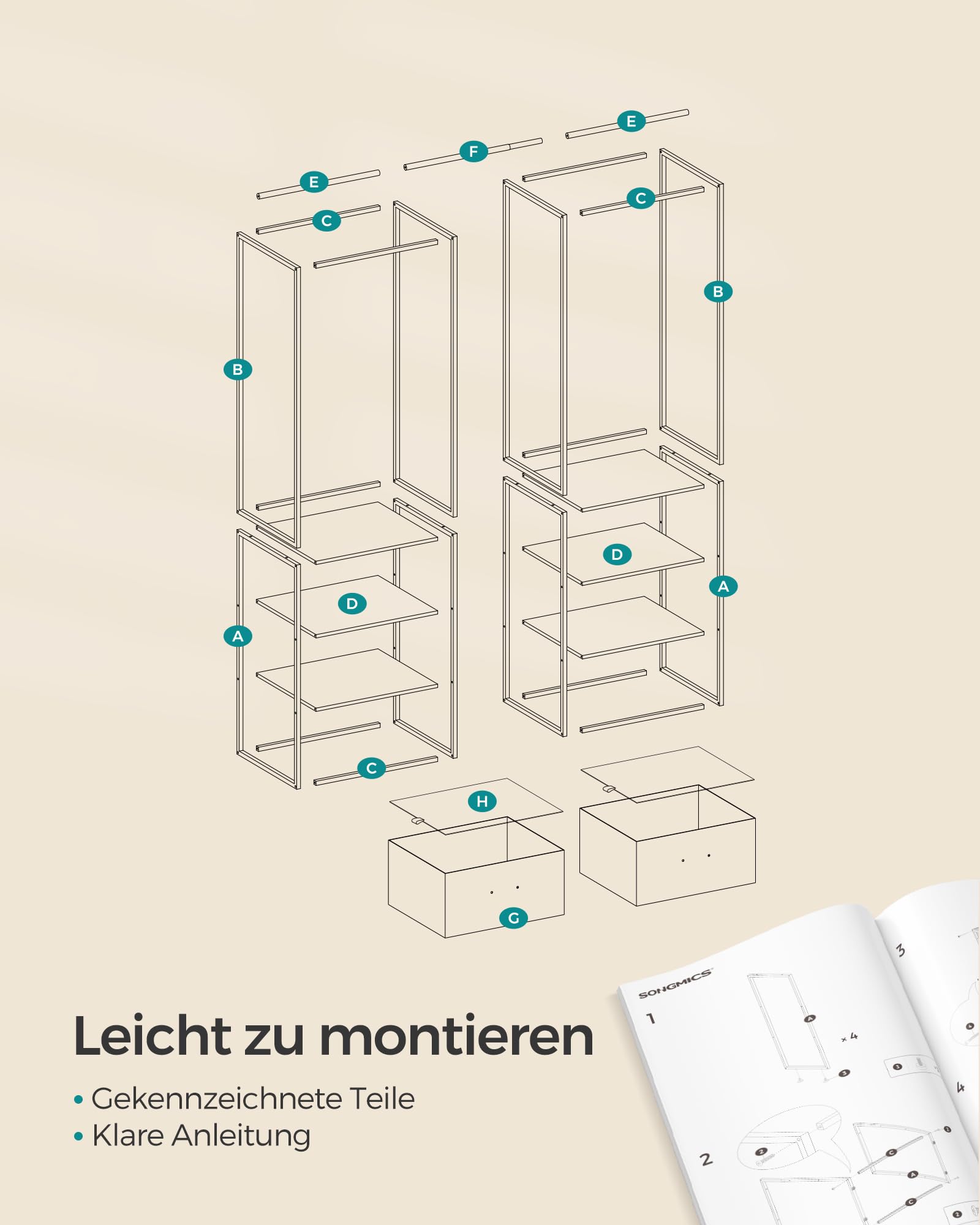 SONGMICS Kleiderständer, offener Kleiderschrank, Garderobenständer hochbelastbar, 1 ausziehbare Stange, 2 Schubladen, 4 Ablagen, für Schlafzimmer, platzsparend, vintagebraun RGR003B01