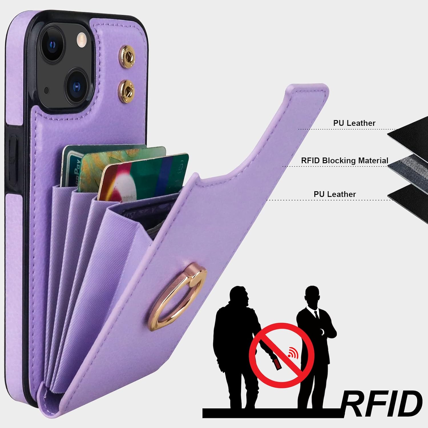 Folosu Compatible with iPhone 14 Case Wallet with Card Holder, 360°Rotation Finger Ring Holder Kickstand, RFID Blocking Leather Protective Double Buttons Shockproof Cover 6.1 Inch Purple