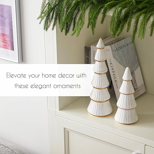 Miniatura 5 de WONDROUS' DECO Juego de 2 figuras de árbol de Navidad, decoración de mesa blanca y dorada, juego de 2 decoraciones artificiales de madera para árbol