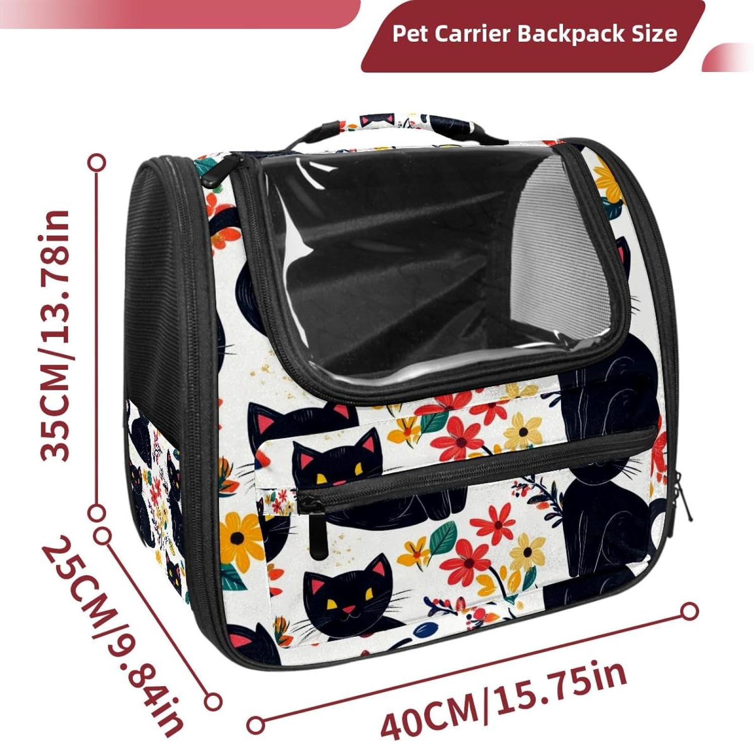 Cute Black Cats and Flowers (49) Cat Backpack Carrier, Large Pet Backpack for Medium Small Dog Cat Puppy Kitty Bunny