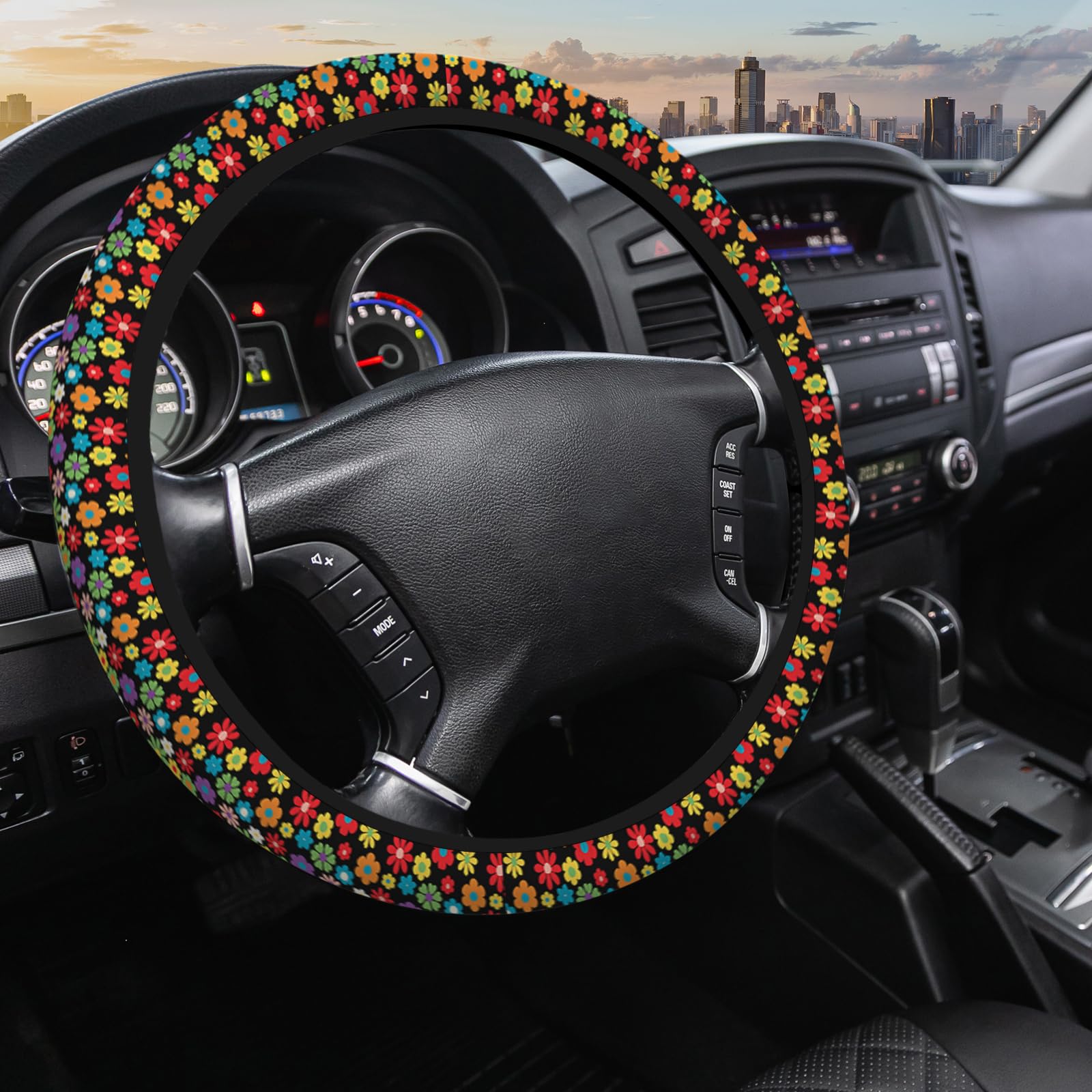 Cute Flower 15 Inch Steering Wheel Cover - Rainbow Rose Tulip Sunflower Blossom - Universal Car Accessory