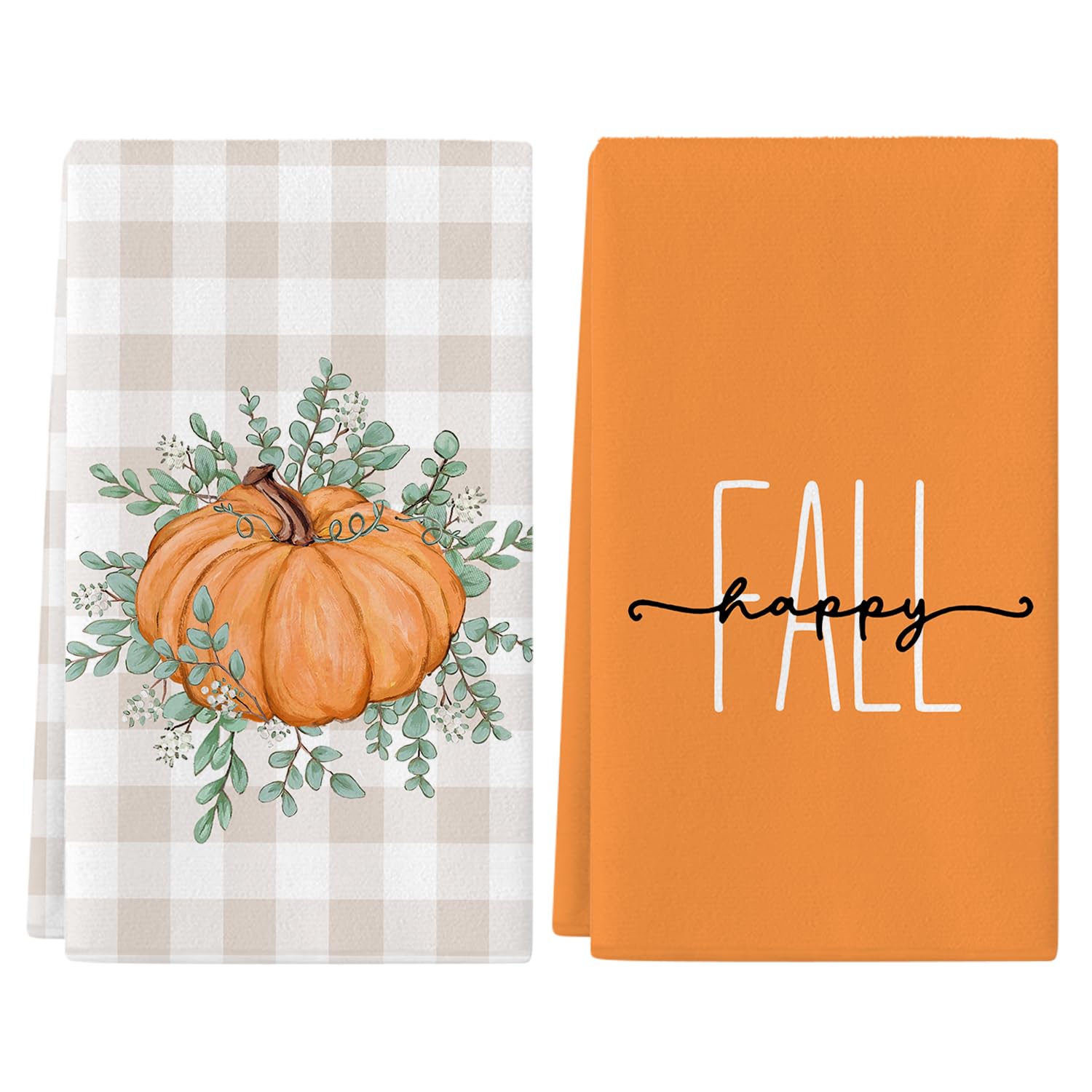 Fall Kitchen Towels Set Of 2 – 18x26 Inch Absorbent Dish Towels With Autumn Pumpkin Design, Hanging Loop For Thanksgiving Harvest Decor