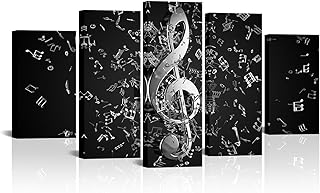 VANSEEING 5 Pieces Music Canvas Wall Art Musical Notes Picture Prints Black and White Modern Artwork Wall Decor for Music Classroom Living Room Home Studio Total 60" L x 32" W