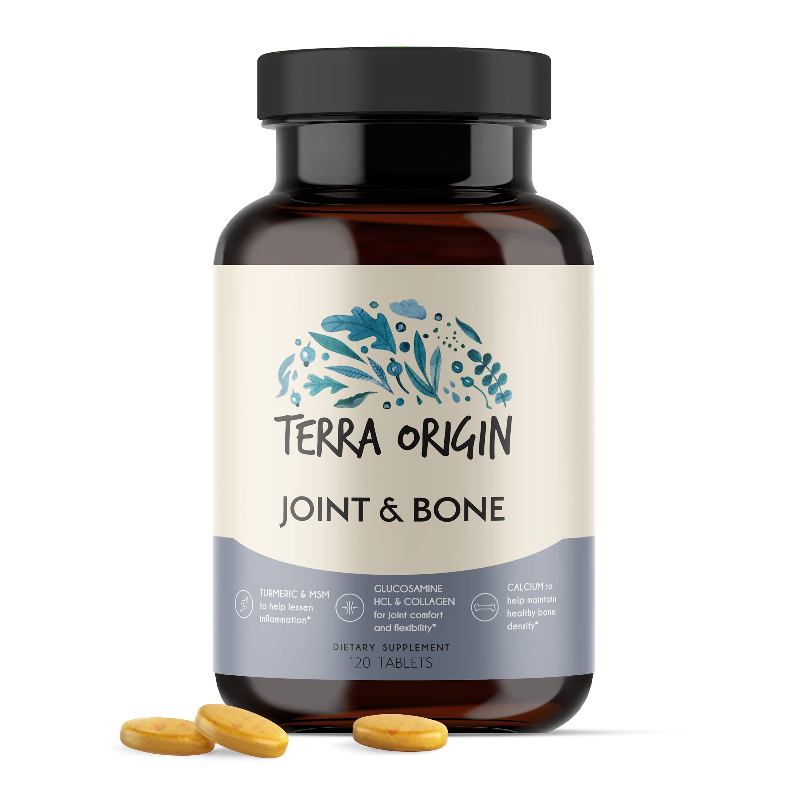 TERRA ORIGIN Joint and Bone Health | 120 Tablets | with Calcum D3, Glucosamine, hyaluronic Acid, Collagen, Tumeric and Boron | Flexibility and Mobility | Joint Supplement for Women and Men