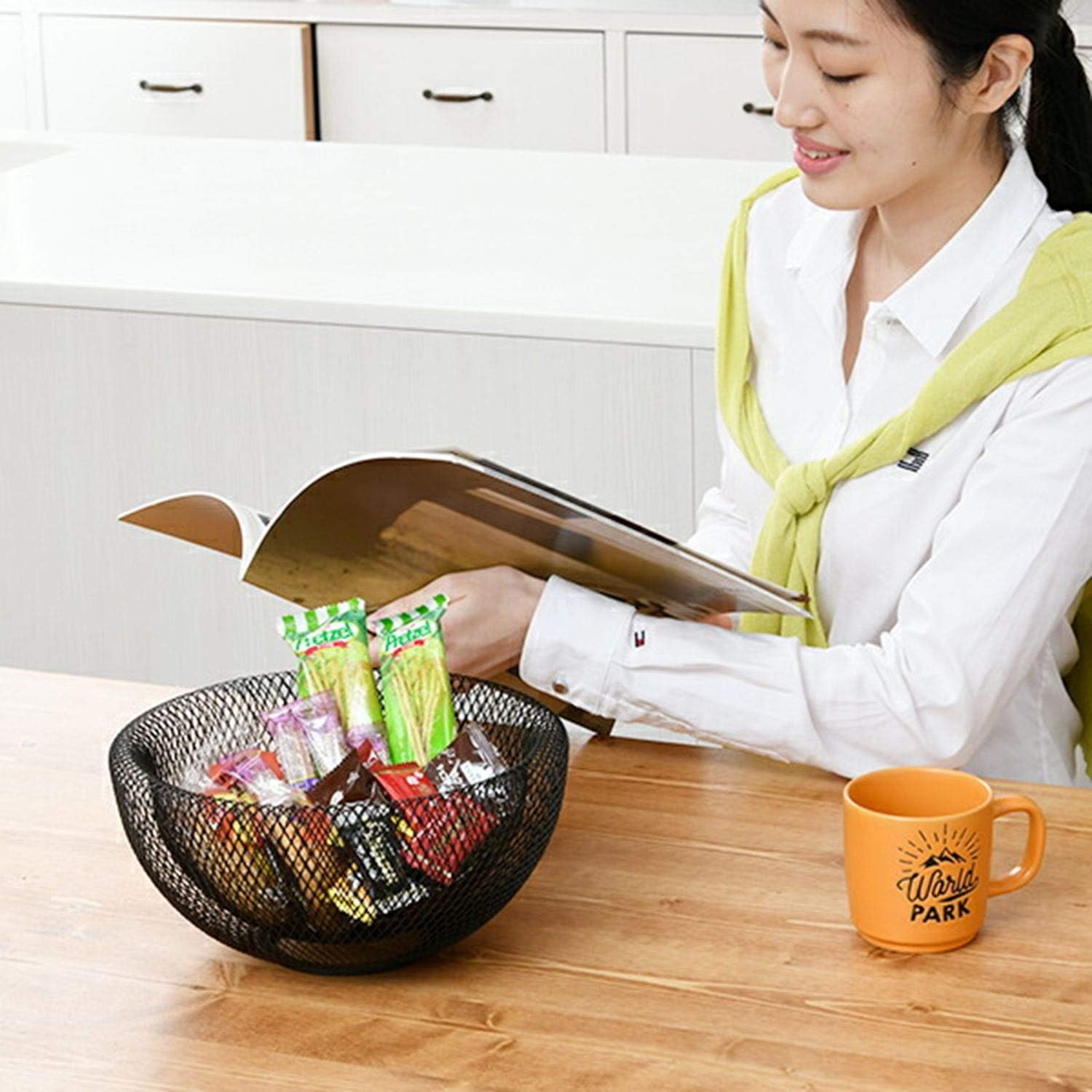 山善(YAMAZEN) バスケット フルーツバスケット メッシュ 直径25×高さ12.5cm キッチン用品 かご 完成品 ブラック DMFB-2510(BK)