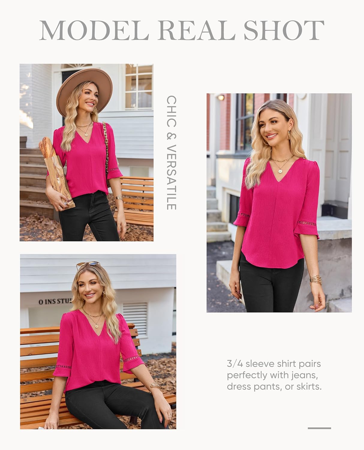 siliteelon Women Dressy Casual Blouse 3/4 Sleeve Tops V Neck Office Work Shirt Classy Ladies Clothes Spring 2026 Trendy - Image 5