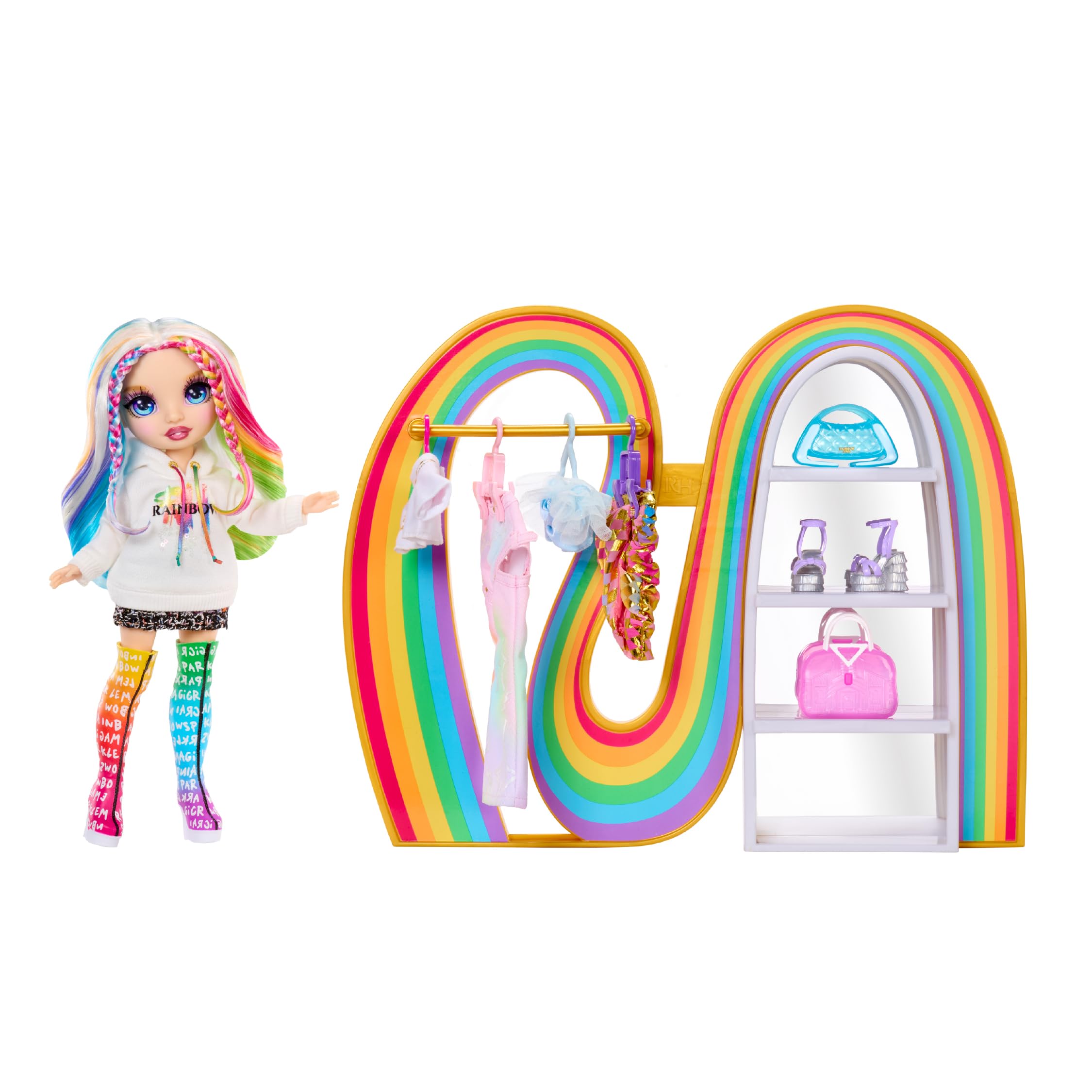 Rainbow High Amaya's Rainbow Closet Spielset - mit Exklusiver Regenbogen-Puppe, Mode, Schuhen, Handtaschen, Kleiderbügeln, Kleiderständer, Regalen, Lustiges Geschenk für Kinder ab 4