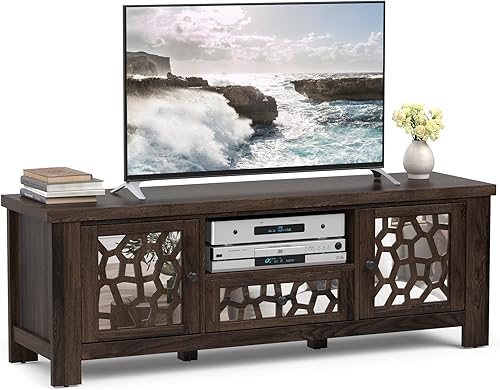 Tangkula Soporte de TV para televisores de 60 pulgadas centro de entretenimiento retro con puertas decorativas de espejo acrílico gabinete de