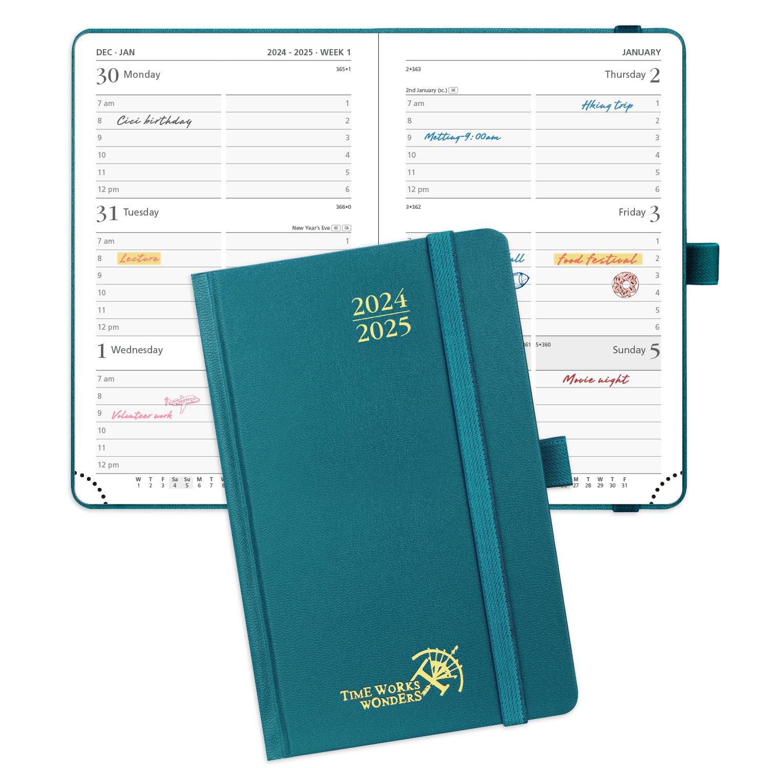 POPRUN Pocket Planner 2024-2025, [Pocket 4''x 6.25'' Hard Cover] Academic Year Calendar Daily Weekly and Monthly (July 24-June 25) with Hourly Time Slots, 100 GSM Paper - Pacific Green