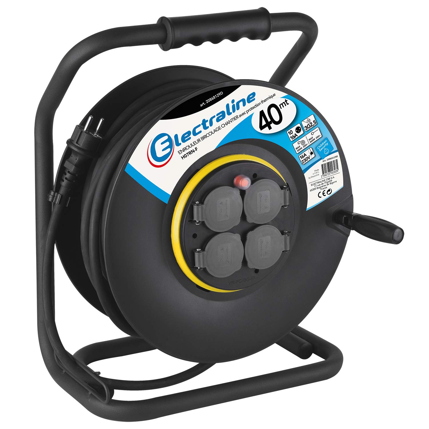 Electraline 20868129D Rallonge Prolongateur électrique IP44 Profesionnelle 40 m avec enrouleur Noir - Section 3G2,5 mm²