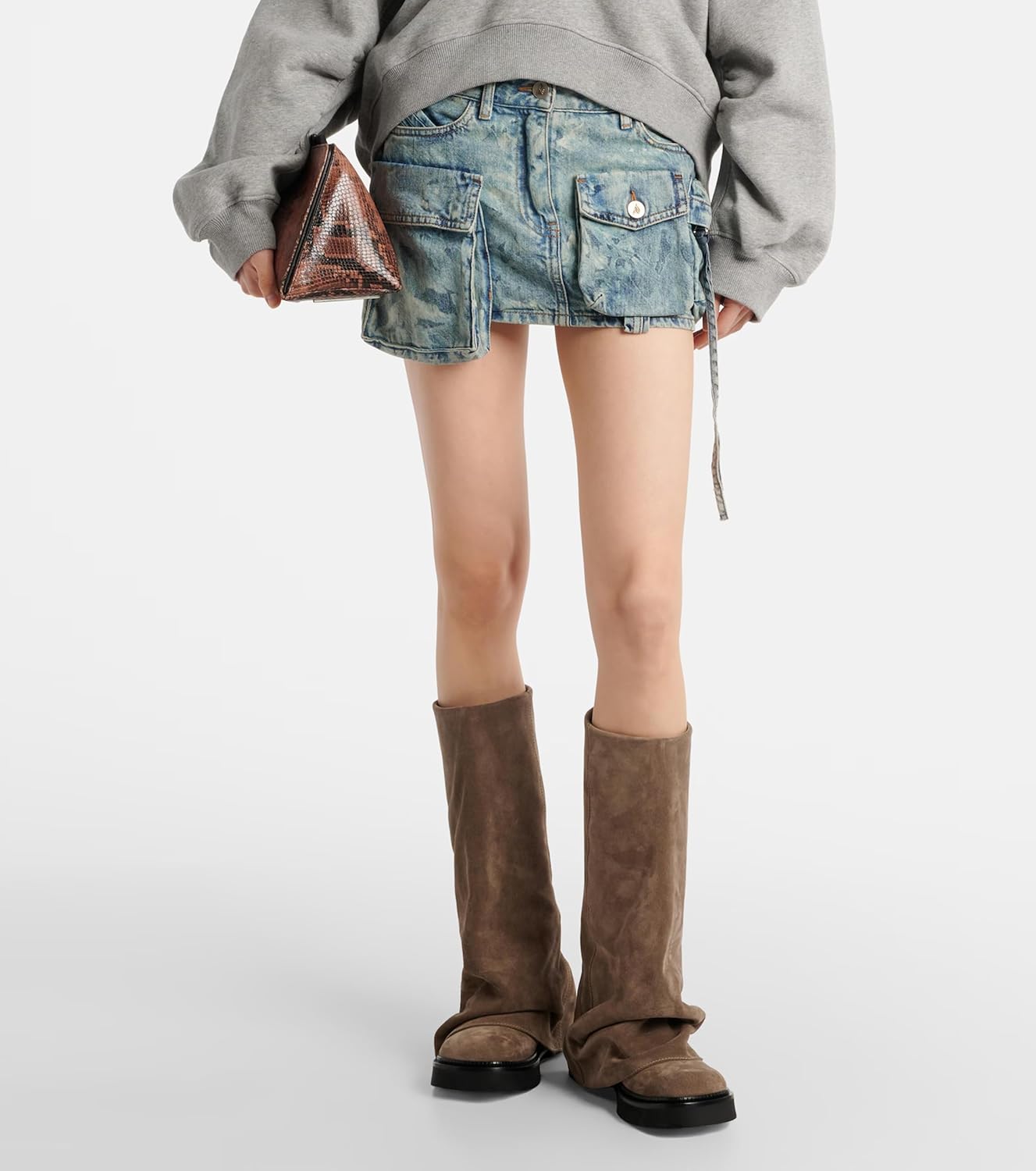 Women Slouchy Knee High Boots Casual Round Toe Pull On Riding Biker Boots Fold Over Chunky Low Heel Platform Boot Khaki Size 7.5