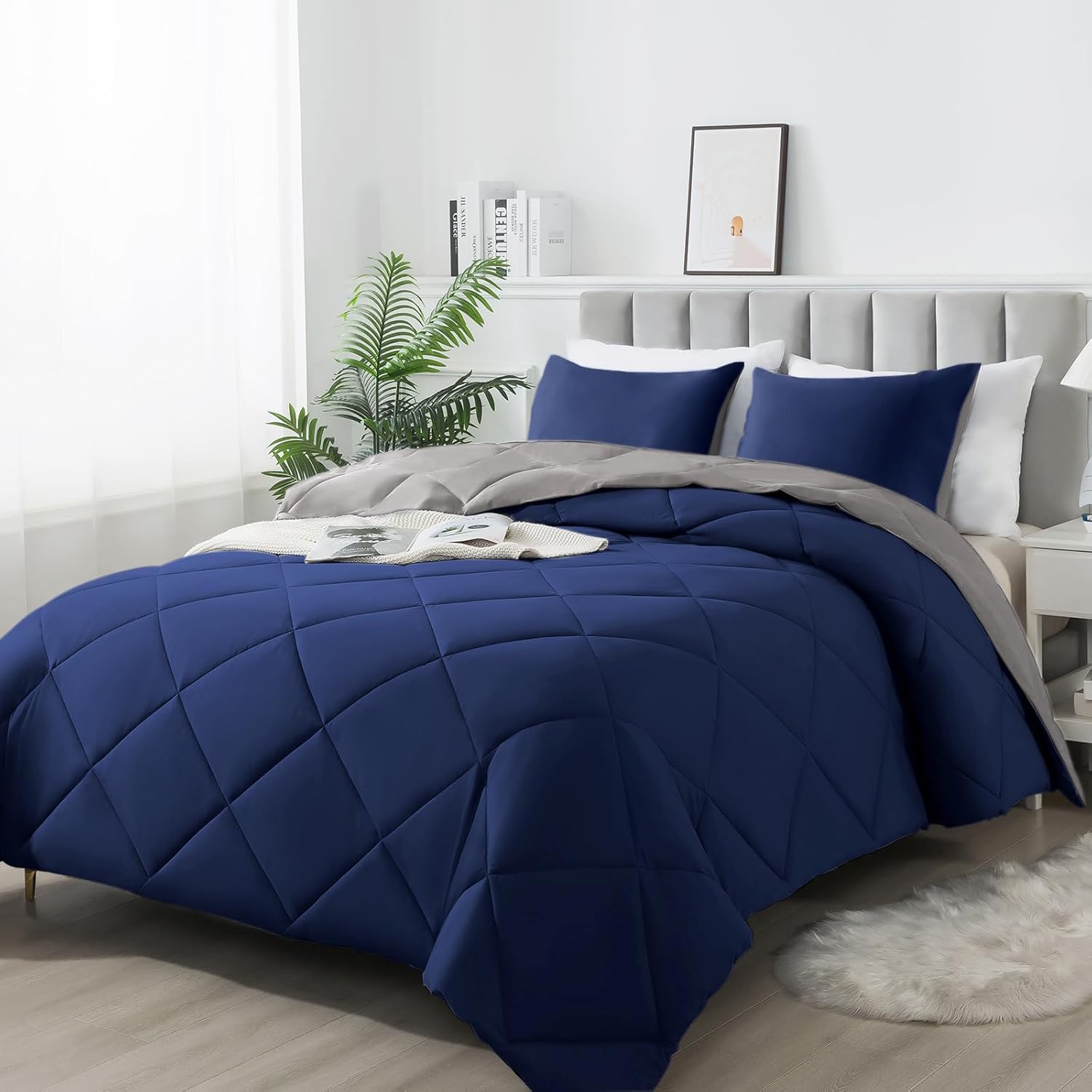 3-Piece Queen Comforter Set,All-Season,Soft & Hypoallergenic &Breathable Bedding,Polyester Quilted,Down Alternative(Comforter*1 & Pillowcases*2),Dark Gray/Dark Blue