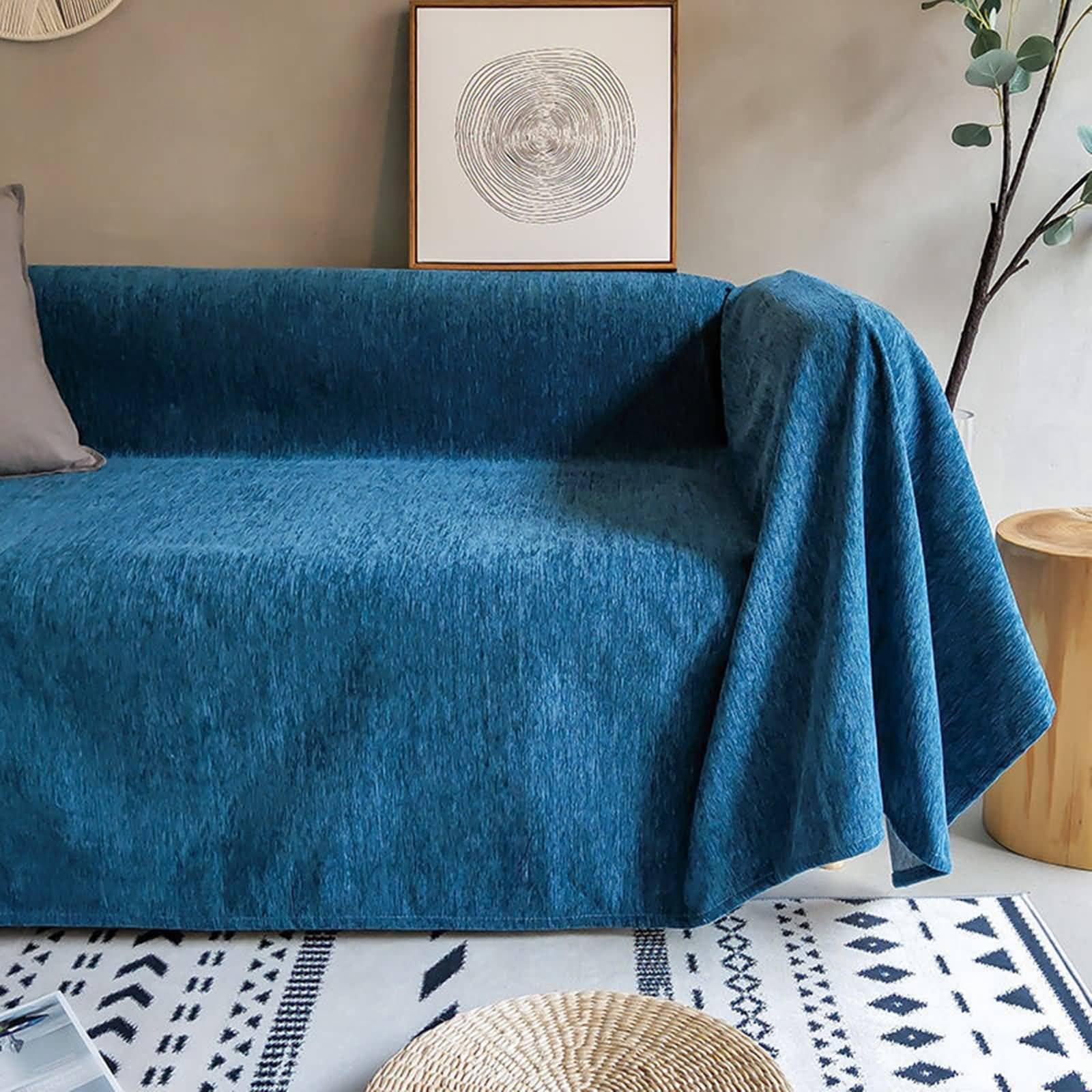 Housse pour Canapé, 2 Places Chenille Couleur Unie Couvre-lit Multifonction pour canapé ou lit, Bleu Marine, 180x220cm