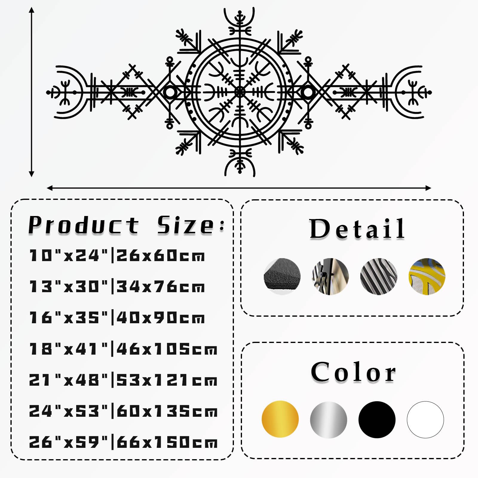 Współczesna abstrakcyjna metalowa dekoracja ścienna, dekoracja wikingów, sztuka Vegvisir, znak staronordycki, koło runiczne z Mjölnir (60 x 135 cm, czarna)