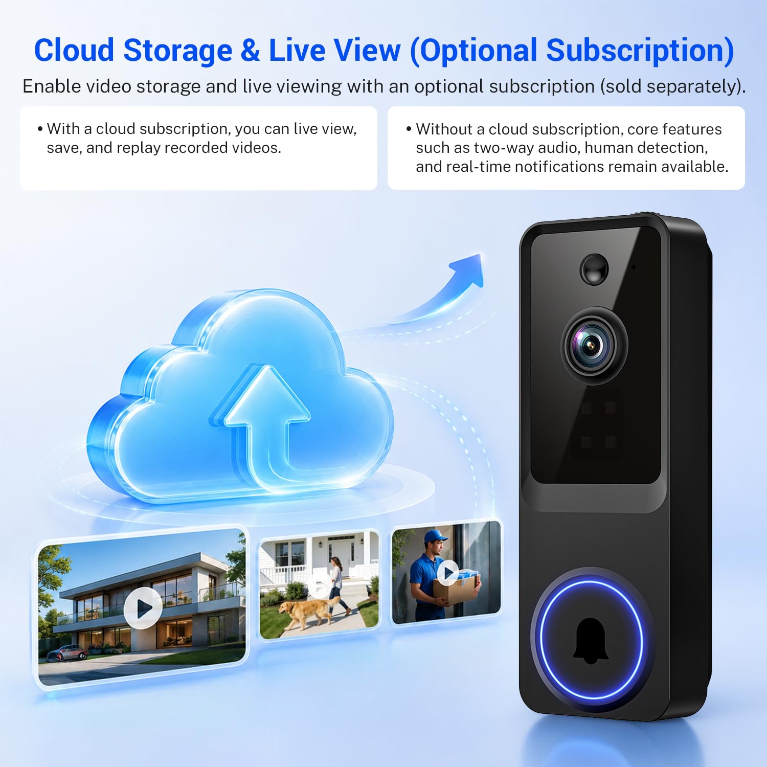 Caméra de sécurité sans fil avec batterie 1080p, sonnette vidéo avec vision nocturne, détection humaine IA, audio bidirectionnel, vue en direct, Wi-Fi 2,4 G, stockage dans le cloud