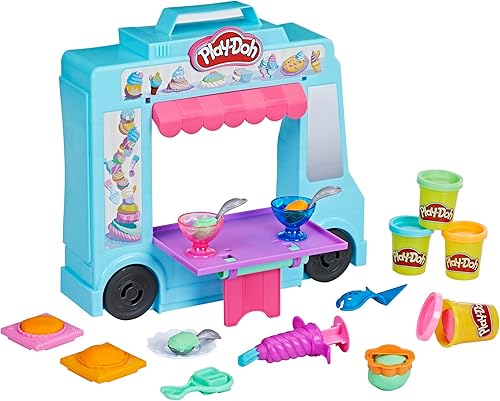 Play-Doh Kitchen Creations - Juego de camión de helado para niños, 20 accesorios de cocina, 5 colores, juguetes preescolares para niñas y niños de 3