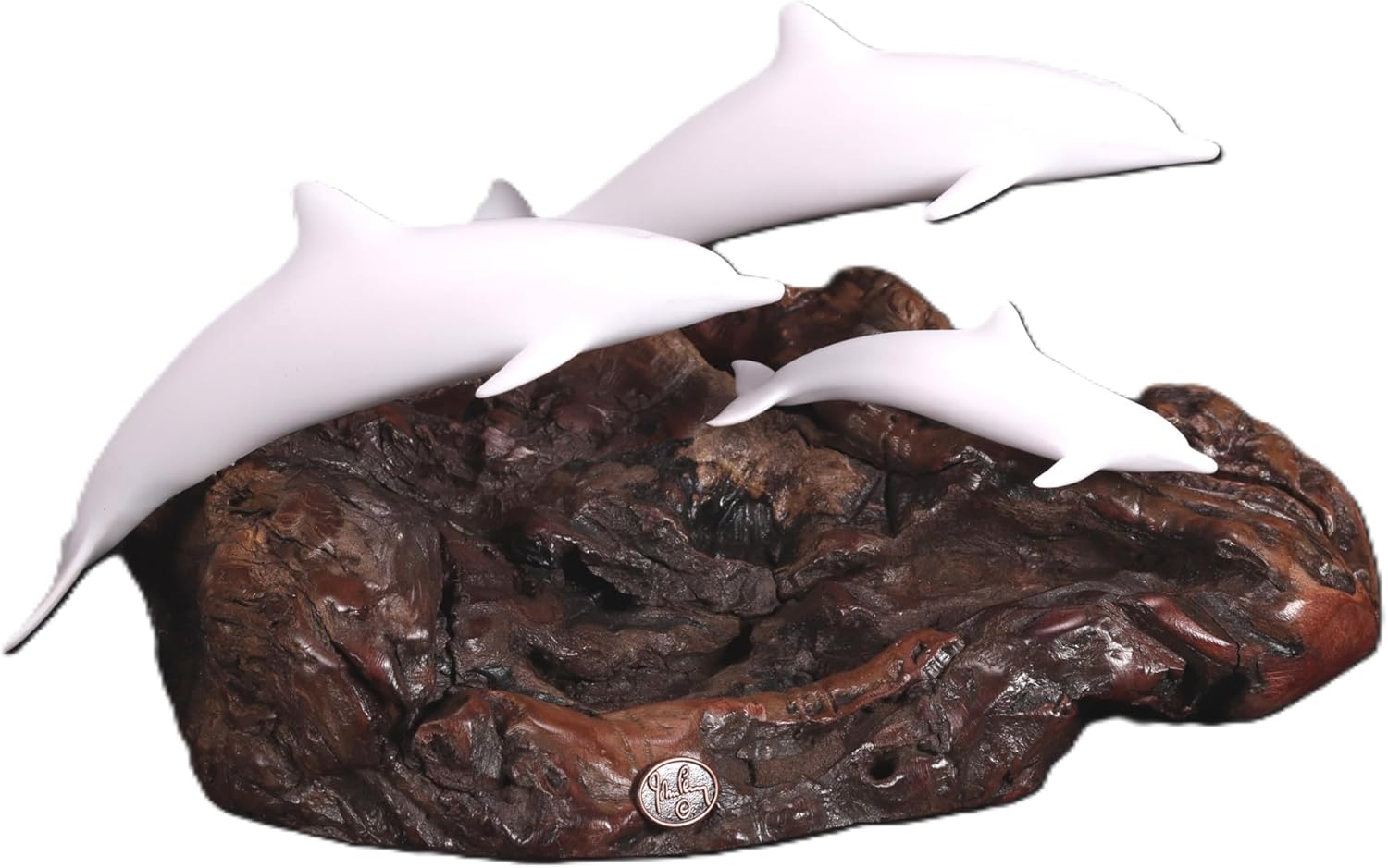 Dolphin Family by John Perry Medium Version 9 in Long Pellucida on Polished burlwood Base. Signed.
