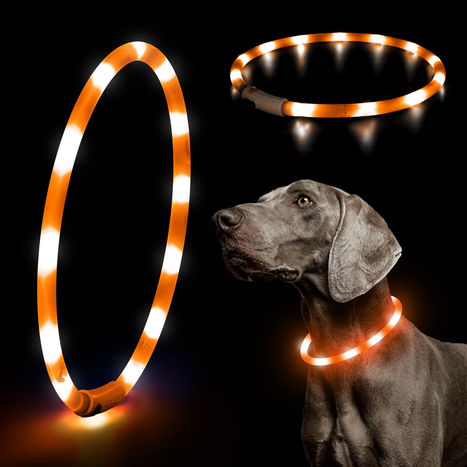 HIGO Collar LED para perro, collares de perro con luz recargable, collar de seguridad de silicona ligera para mascotas para caminar por la noche (naranja-silicona)