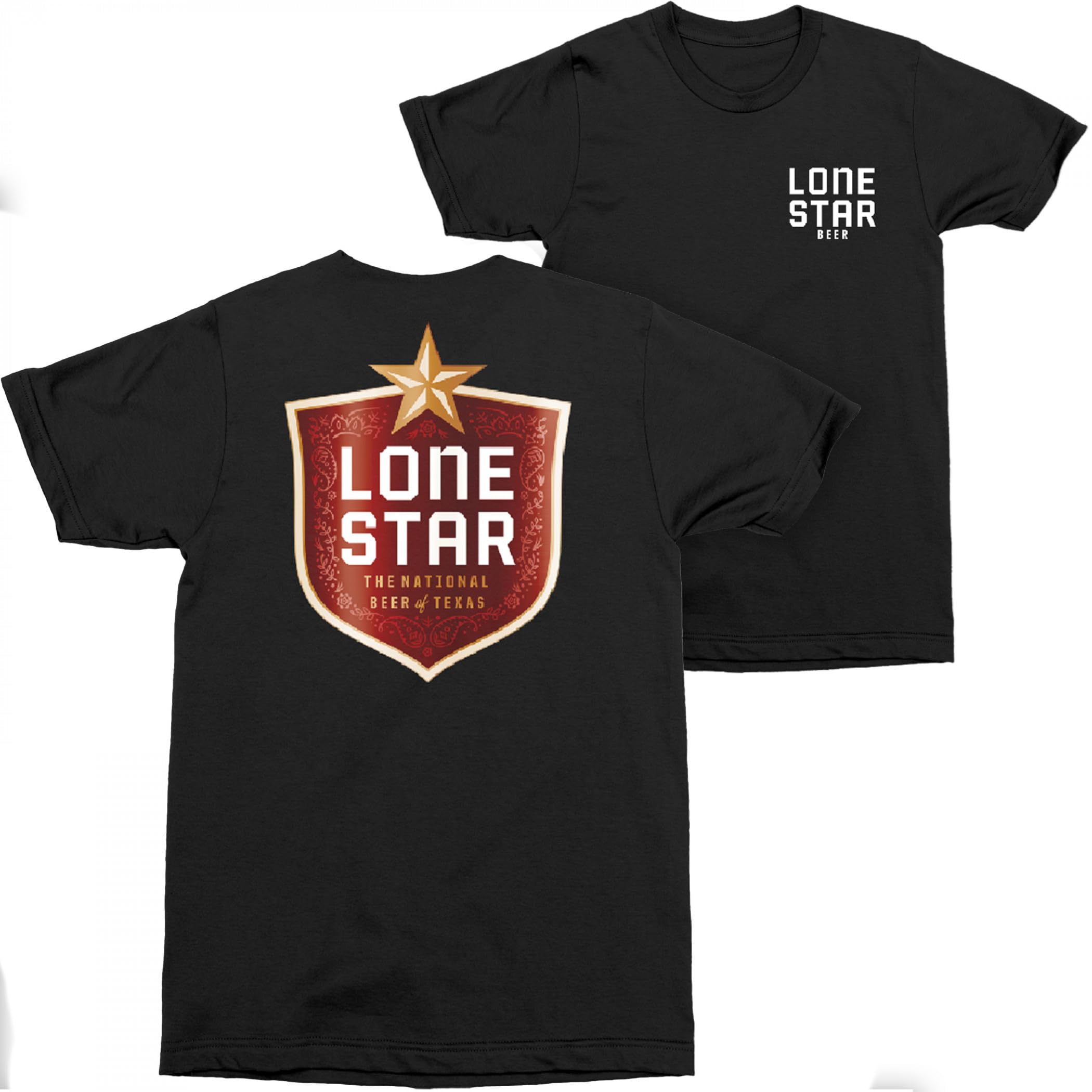 Changes Lone Star Beer Badge Logo Front and Back Print T-Shirt (UK, Alpha, L, Regular, Regular) Black