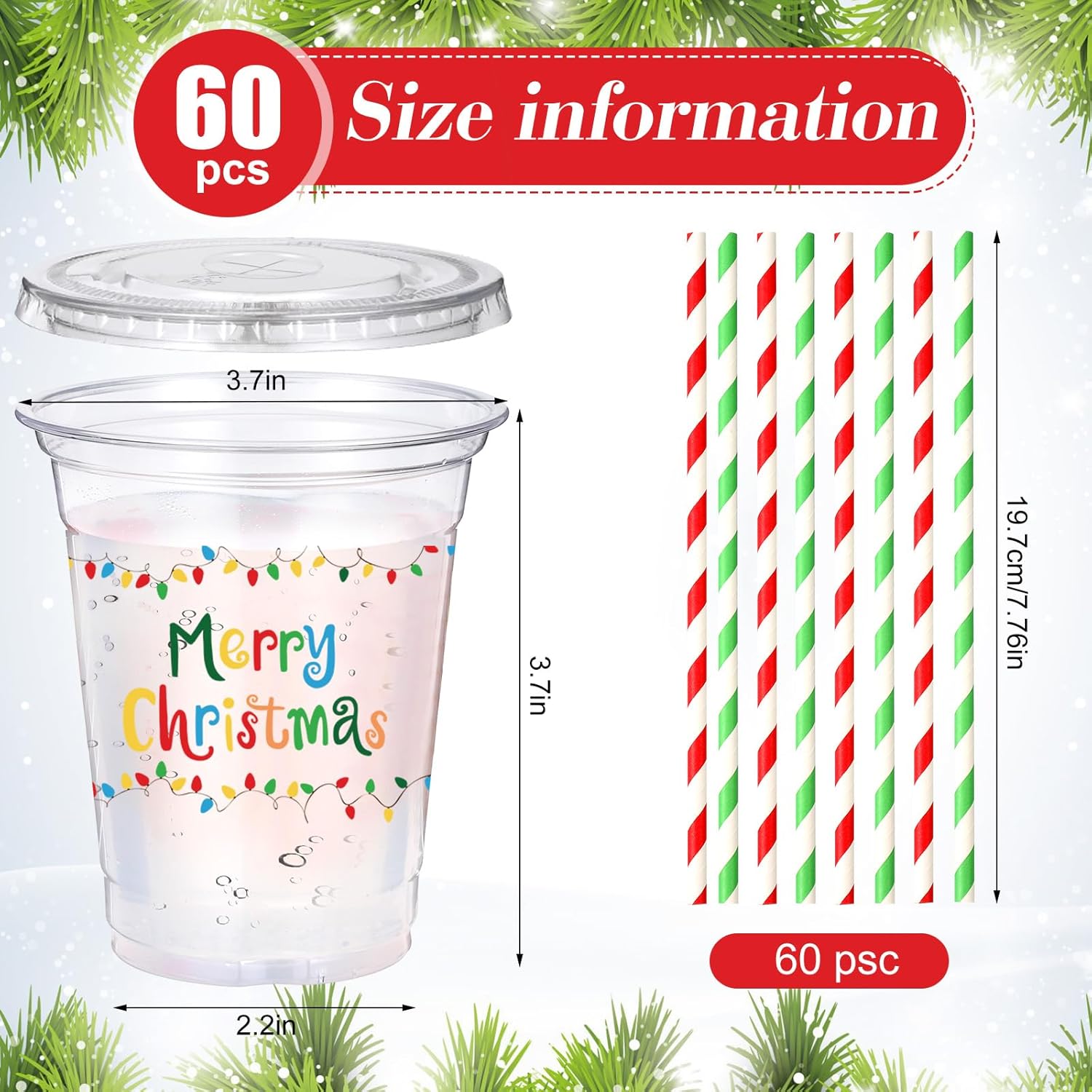 Sliner 180 Pcs/ 60 Sets Merry Christmas Cups with Lids and Straws Bulk 12 oz Happy Holiday Disposable Clear Plastic Cups for Beer Snacks Coffee Xmas Party Supplies(Red Green,Holiday Style) - Image 2