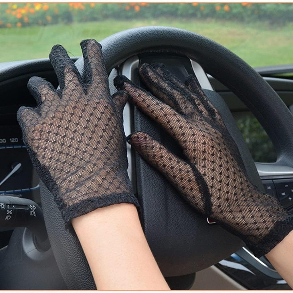 Women's Breathable Stretch Sexy Black Translucent Five Finger Driving Sun Gloves