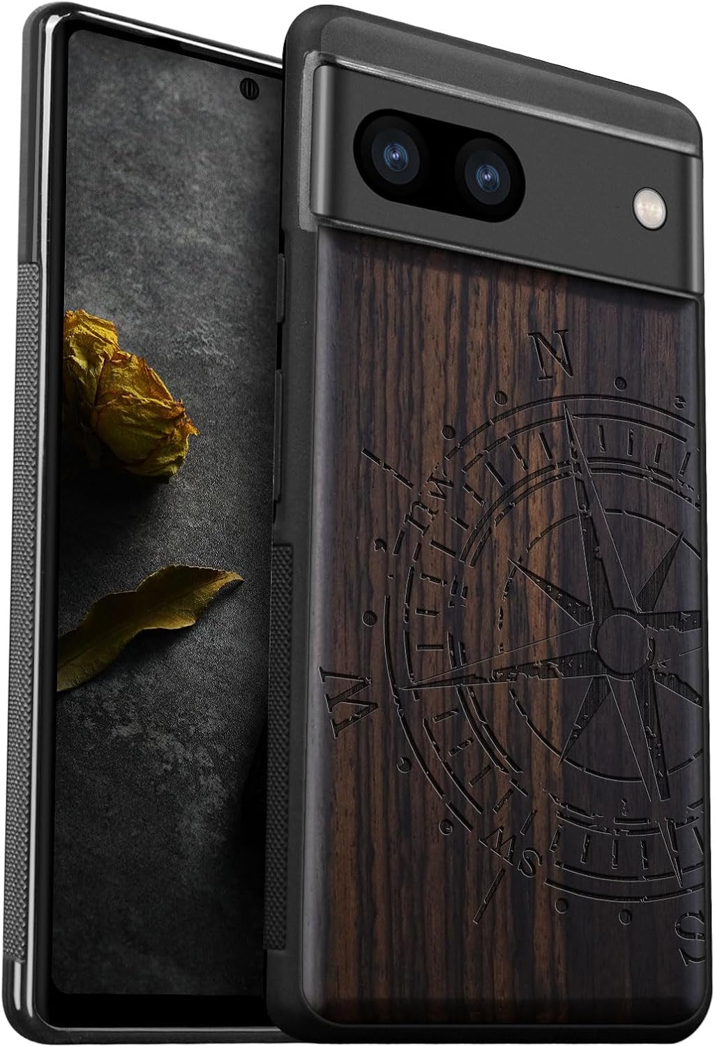 Carveit Wood Case for Pixel 8a - Natural Wood & Black Soft TPU Shockproof Protective Cover - Unique Wooden Case Compatible with Google Pixel 8a (Incomplete Compass-Blackwood)