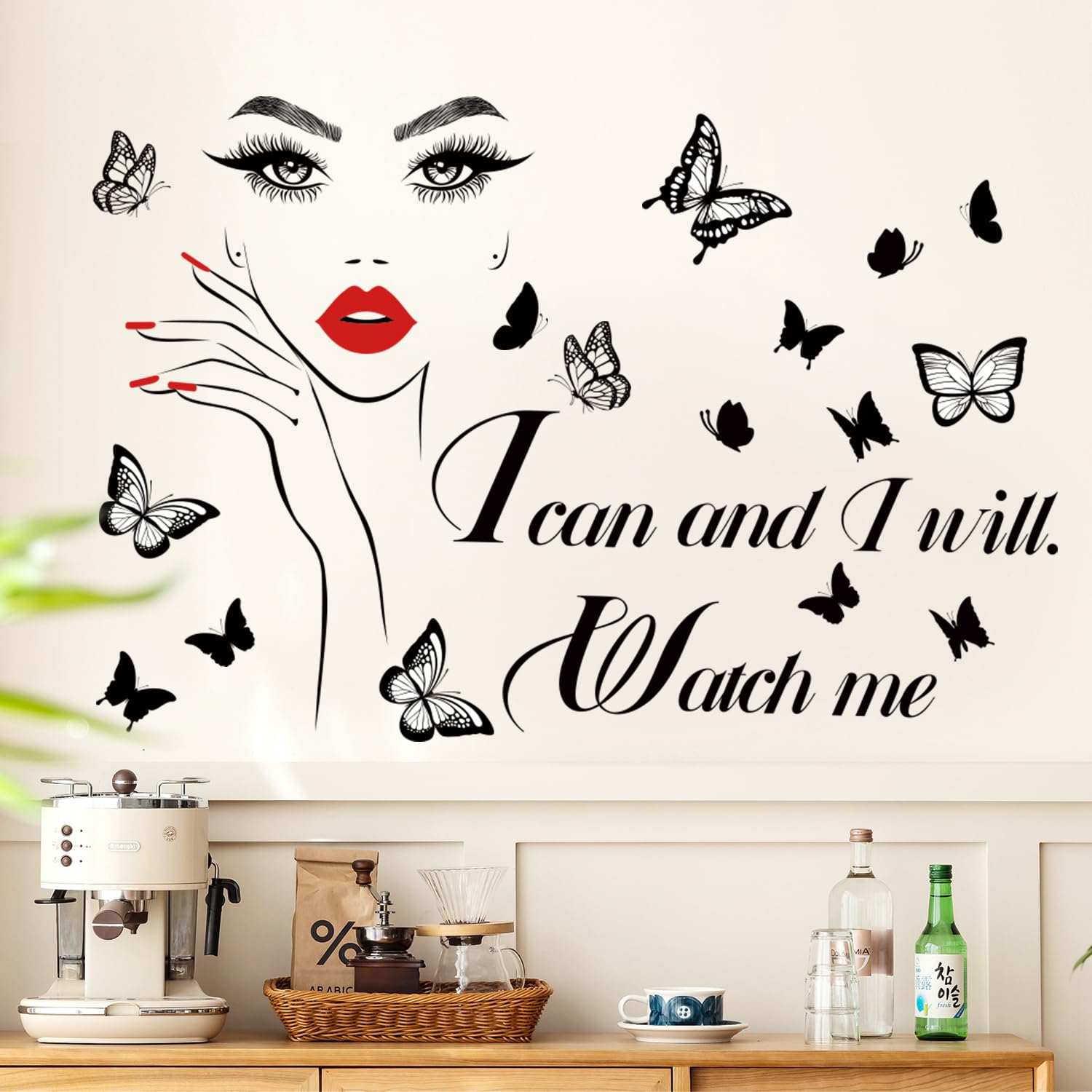 Autocollants muraux amovibles 3D avec citations inspirantes - Motif lèvres rouges - Lettrage de motivation - Papillon - Décoration murale pour chambre à coucher, salon (A)
