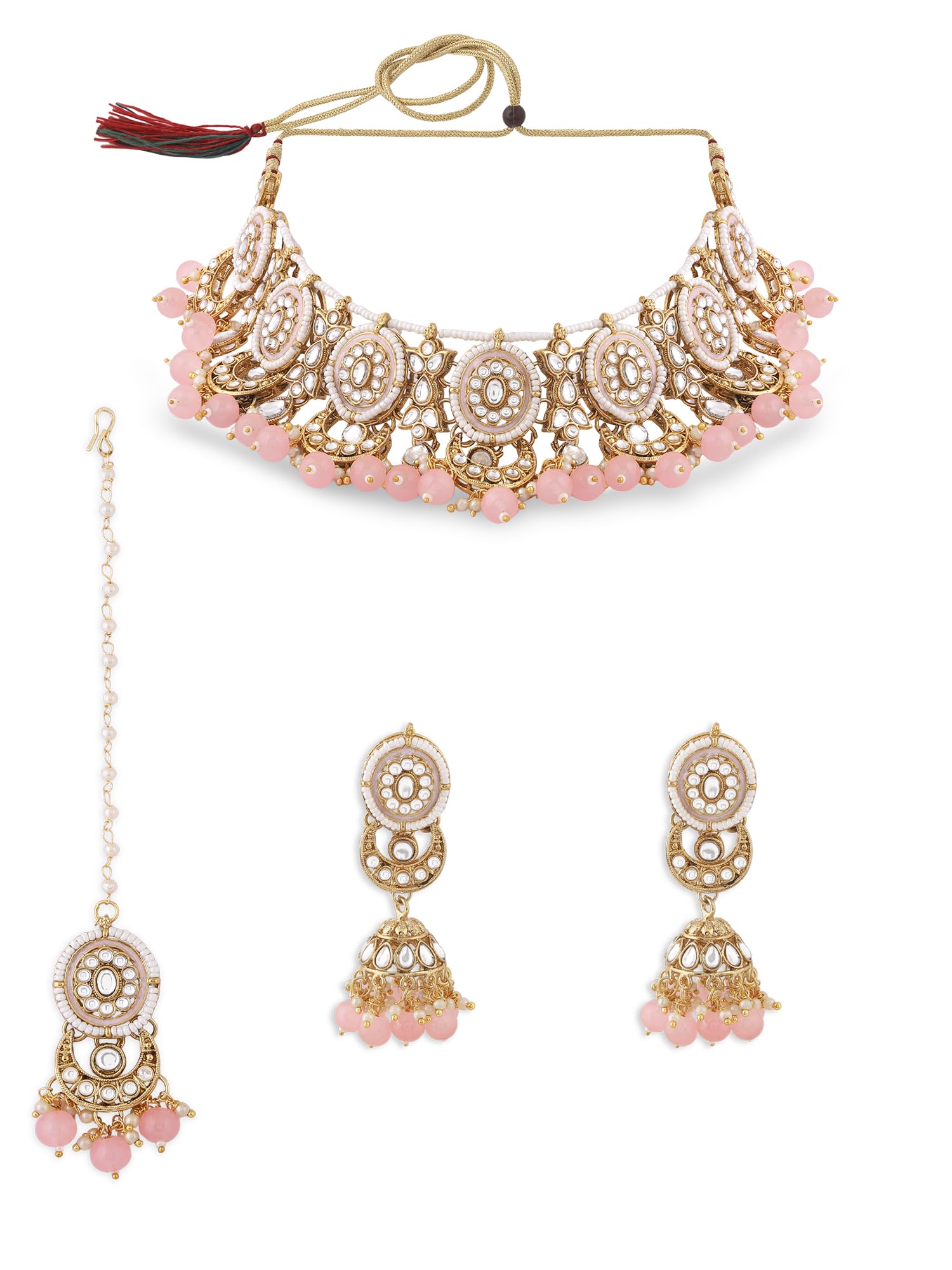 ZAVERI PEARLS Pink Meenakari Crescent Kundan Choker Necklace Earring & Maangtikka Set For Women-ZPFK17584 (B0CWNVRVFX) Amazon Price History, Amazon Price Tracker
