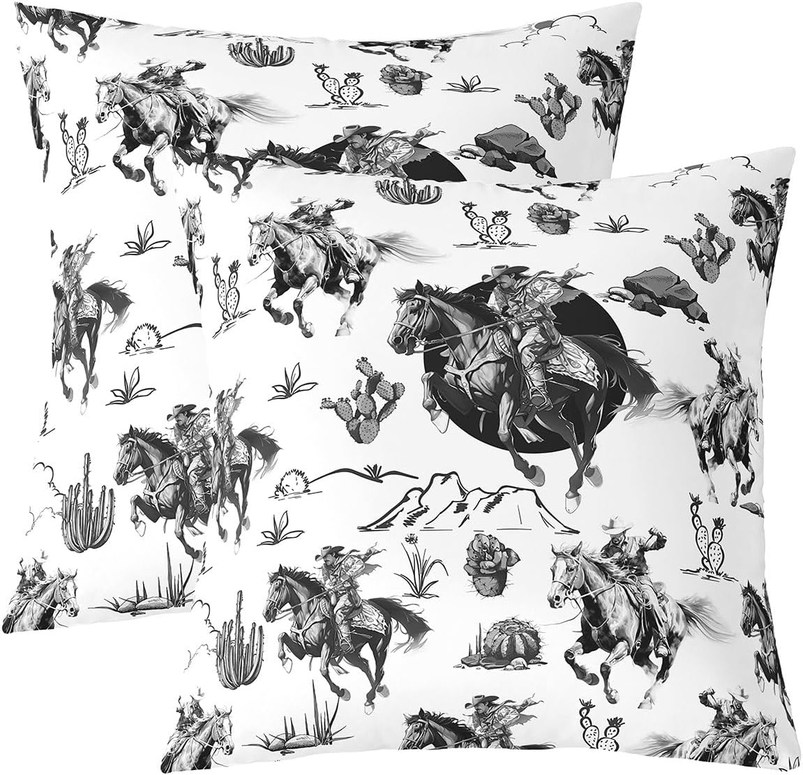 Western Pillow Covers for Couch Sofa Bed,Vintage Country Decor Cowboy Horse Pillow Cases Cushion Covers 24"x24" Set of 2,Black White Print Desert Cactus Square Cushion Cases Set for Bedroom