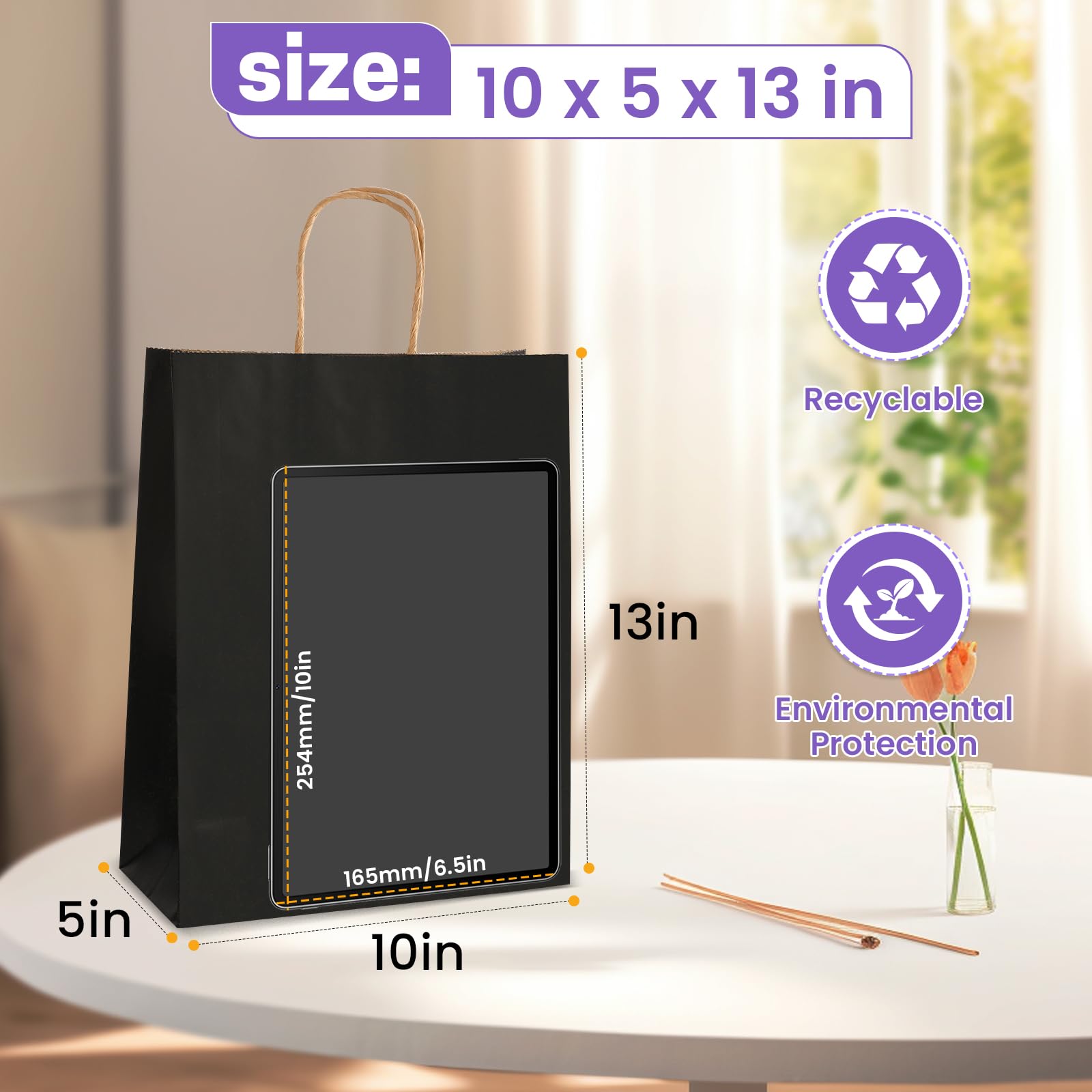 XPCARE Sacchetti di carta nera, 100 confezioni da 25 x 12 x 33 cm, sacchetti regalo con manici, sacchetti di carta kraft per vendita al dettaglio, sacchetti regalo neri per feste di nozze