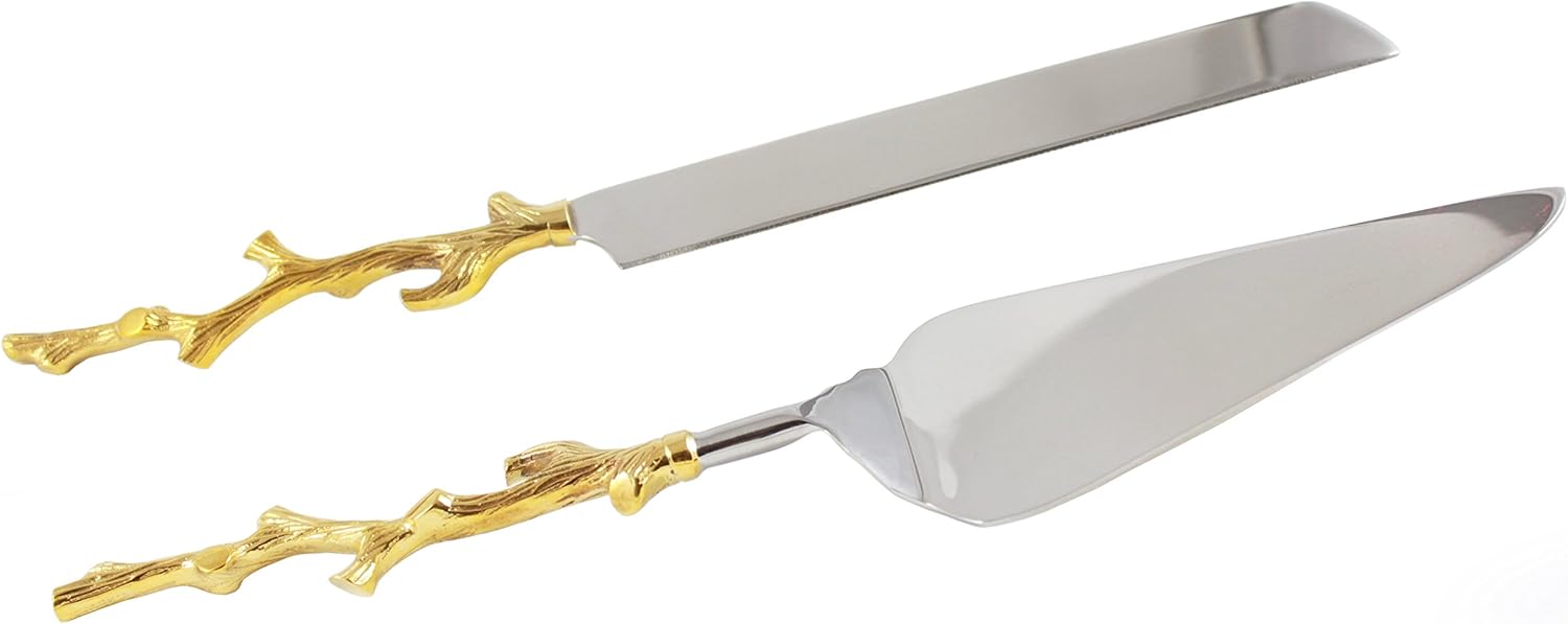 Server Set, Cake, Pie, Desert Flatware Set, Tree Branch Design, 2-Piece 18/10 Stainless Steel with Brass Handles (Light Antique Gold Finish)…