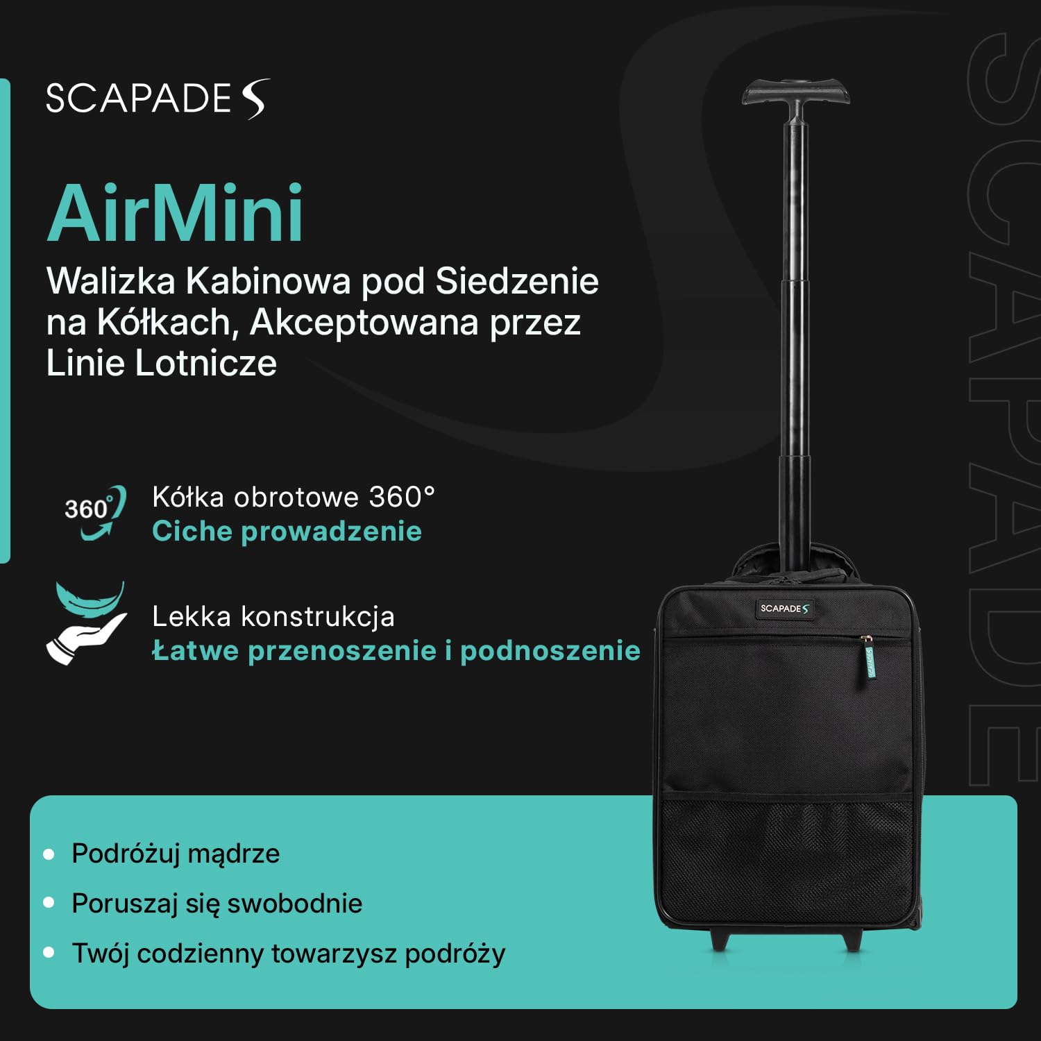 Scapade AirMini Bagaż Pod Siedzenie 40x30x20 cm – Ultralekka składana walizka kabinowa, darmowy bagaż Ryanair, kompaktowa torba na kółkach, kieszeń przednia, wodoodporna