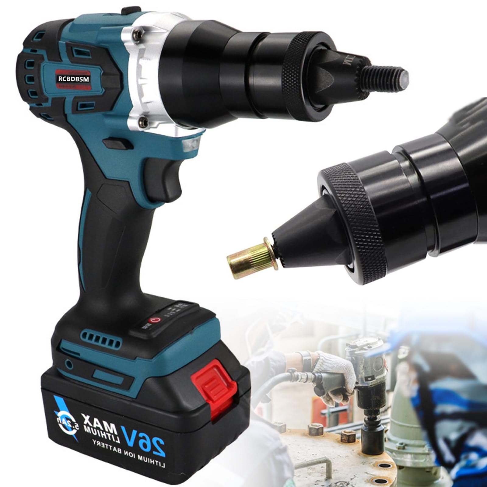 Pistolet à Rivets électrique sans Fil, Pince à riveter électrique avec batteries 26 V Pince à riveter professionnelle pour aluminium/fer, M3/M4/M5/M6/M8/M10/M12 écrous à rivets,5200mAh-2Battery