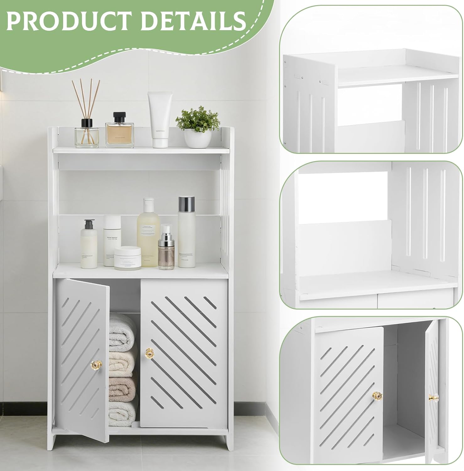 3-Tier Bathroom Storage Tower Organizer, Freestanding Bathroom Floor Organizer with Door and Shelf, Small White Floor Container Organizer for Bathroom Bedroom Living Room Entryway Hallway Small Space